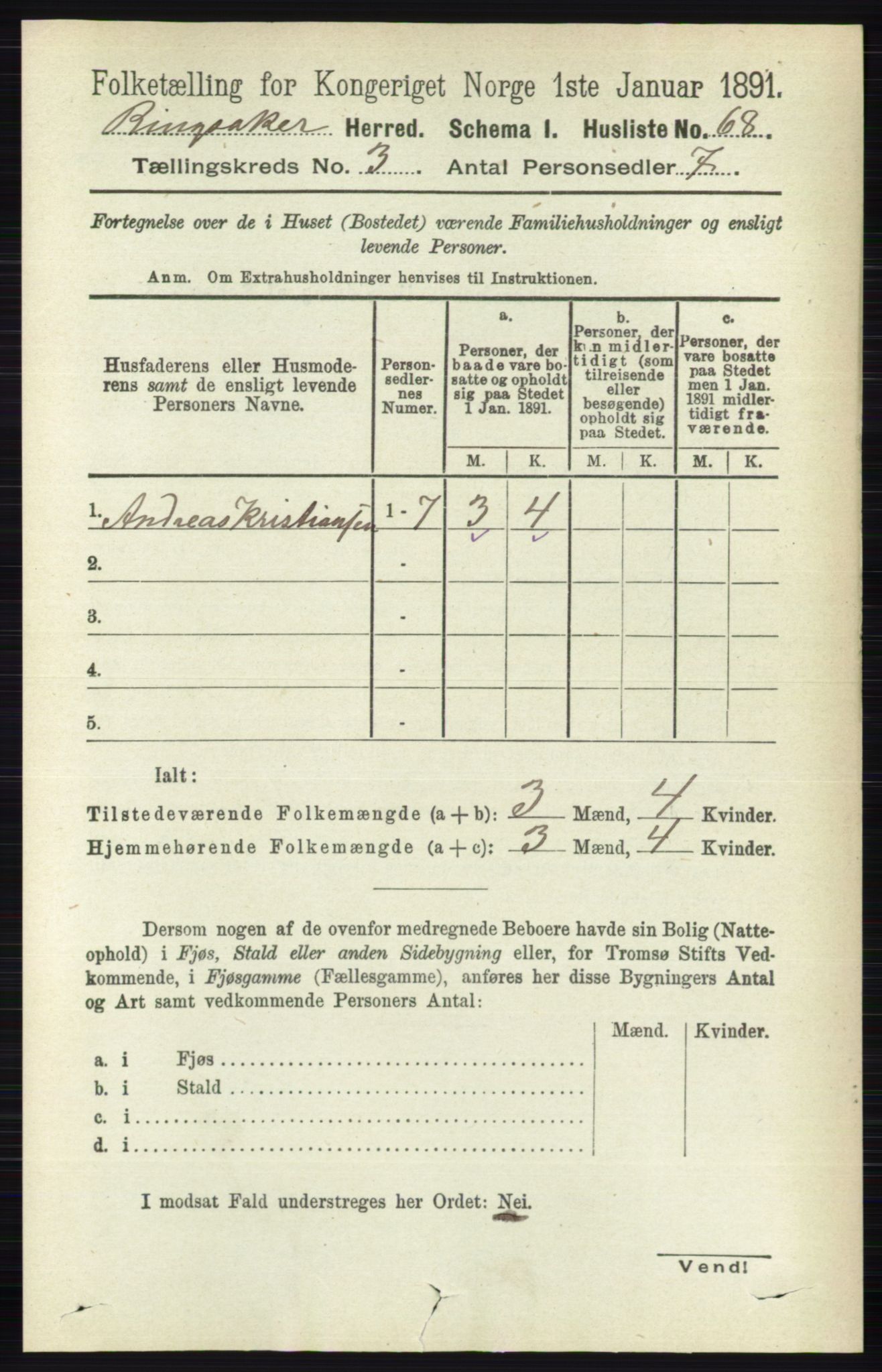 RA, 1891 census for 0412 Ringsaker, 1891, p. 1229