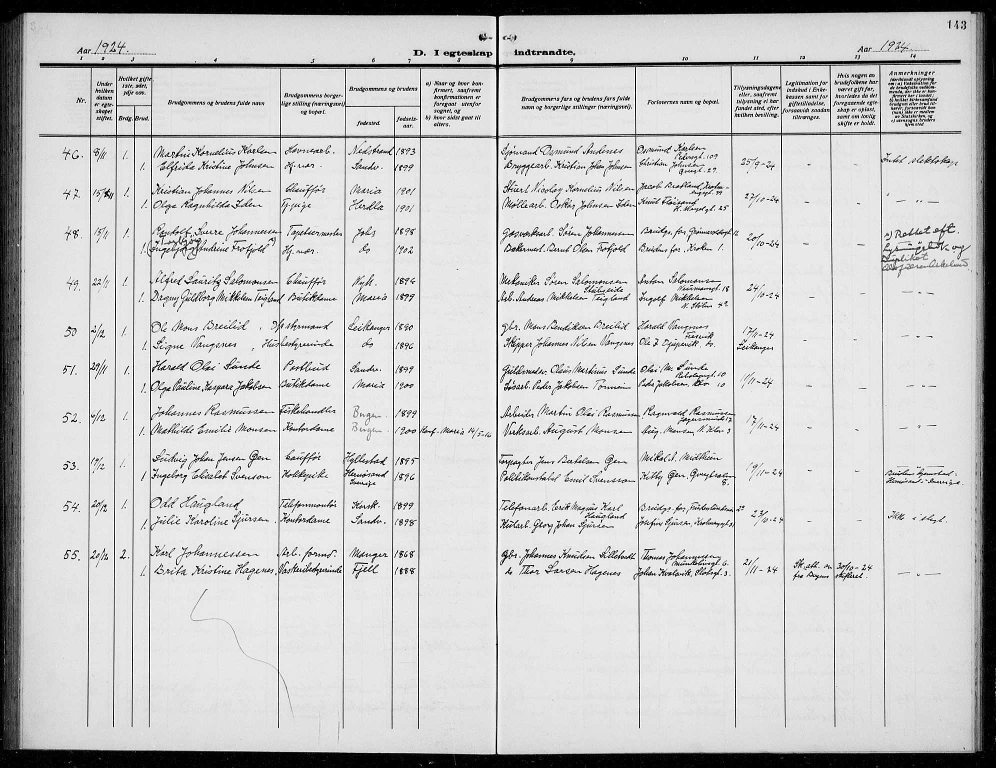 Mariakirken Sokneprestembete, AV/SAB-A-76901/H/Hab/L0010: Parish register (copy) no. A 10, 1920-1937, p. 143