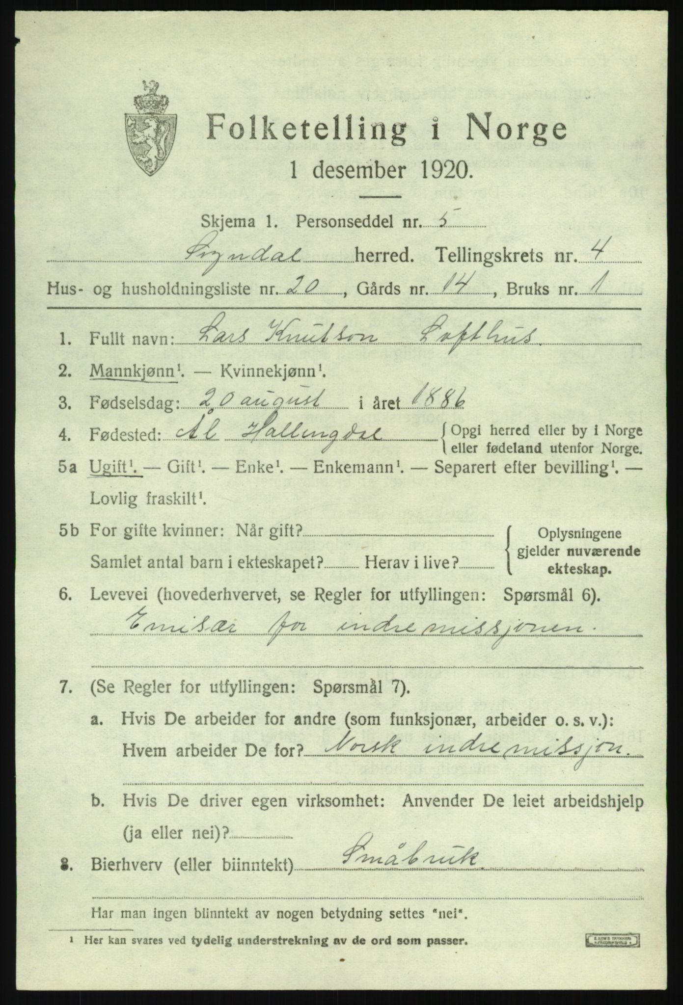 SAB, 1920 census for Sogndal, 1920, p. 2641