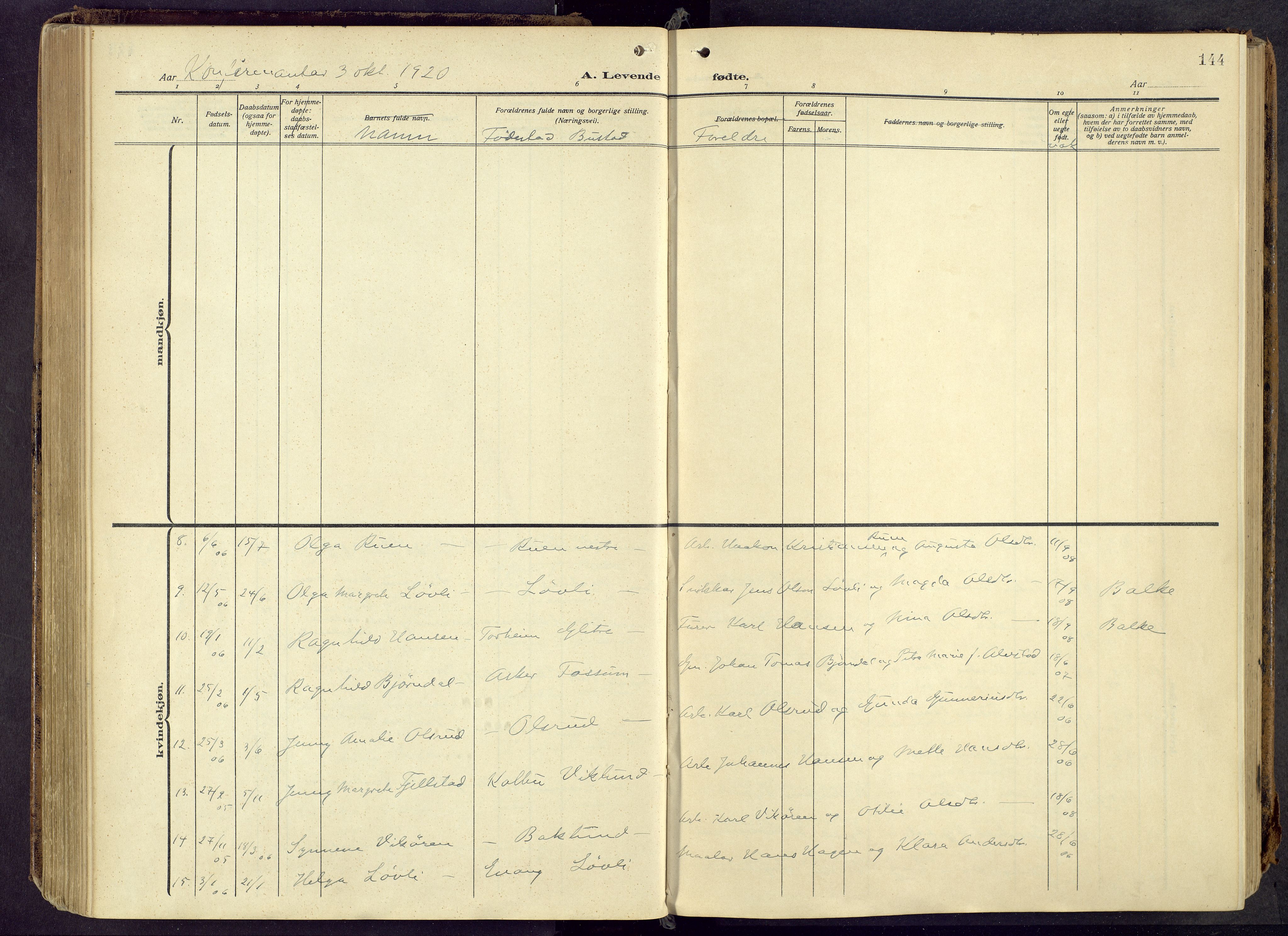 Østre Toten prestekontor, AV/SAH-PREST-104/H/Ha/Haa/L0010: Parish register (official) no. 10, 1910-1920, p. 144