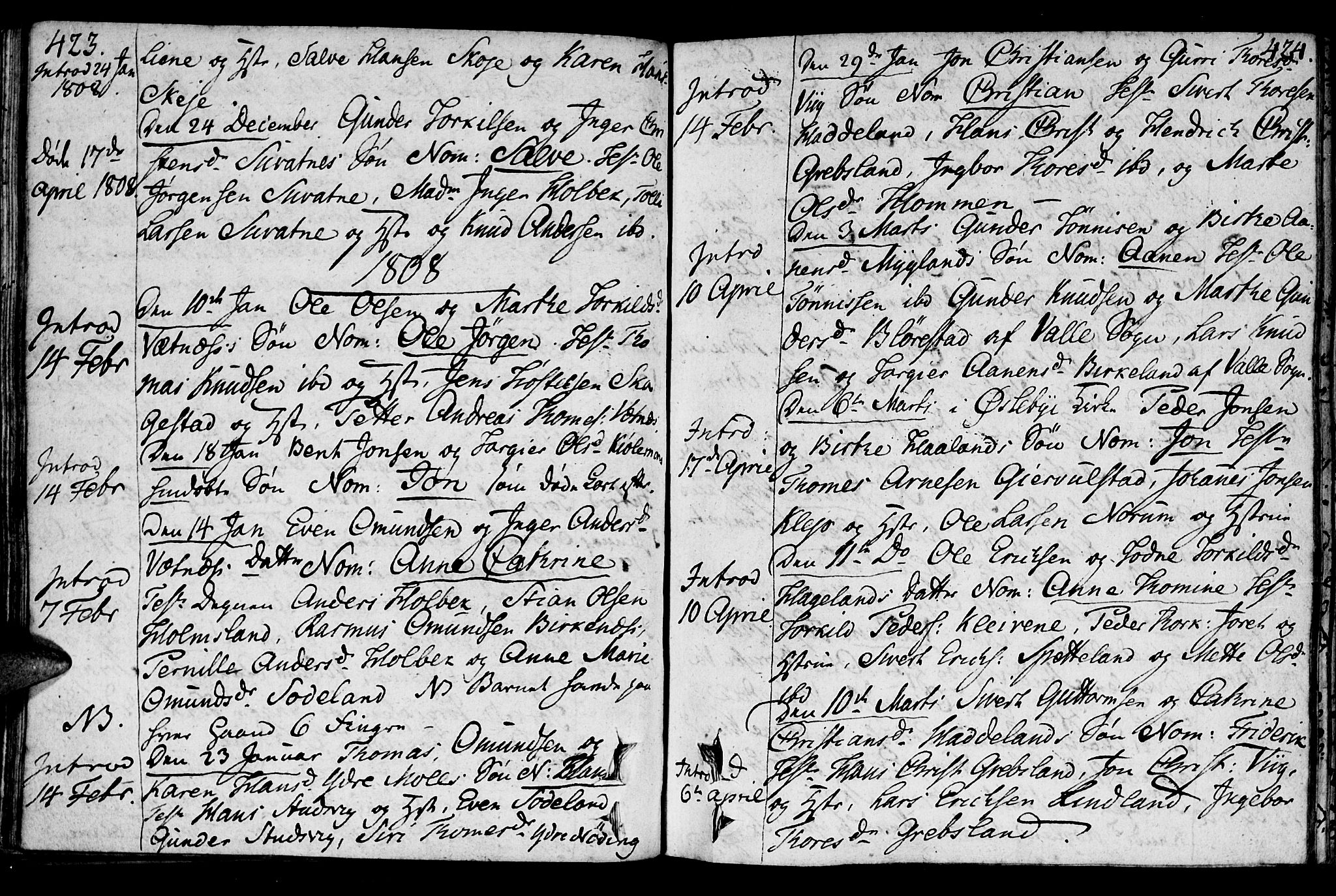 Holum sokneprestkontor, AV/SAK-1111-0022/F/Fa/Faa/L0003: Parish register (official) no. A 3, 1780-1821, p. 423-424