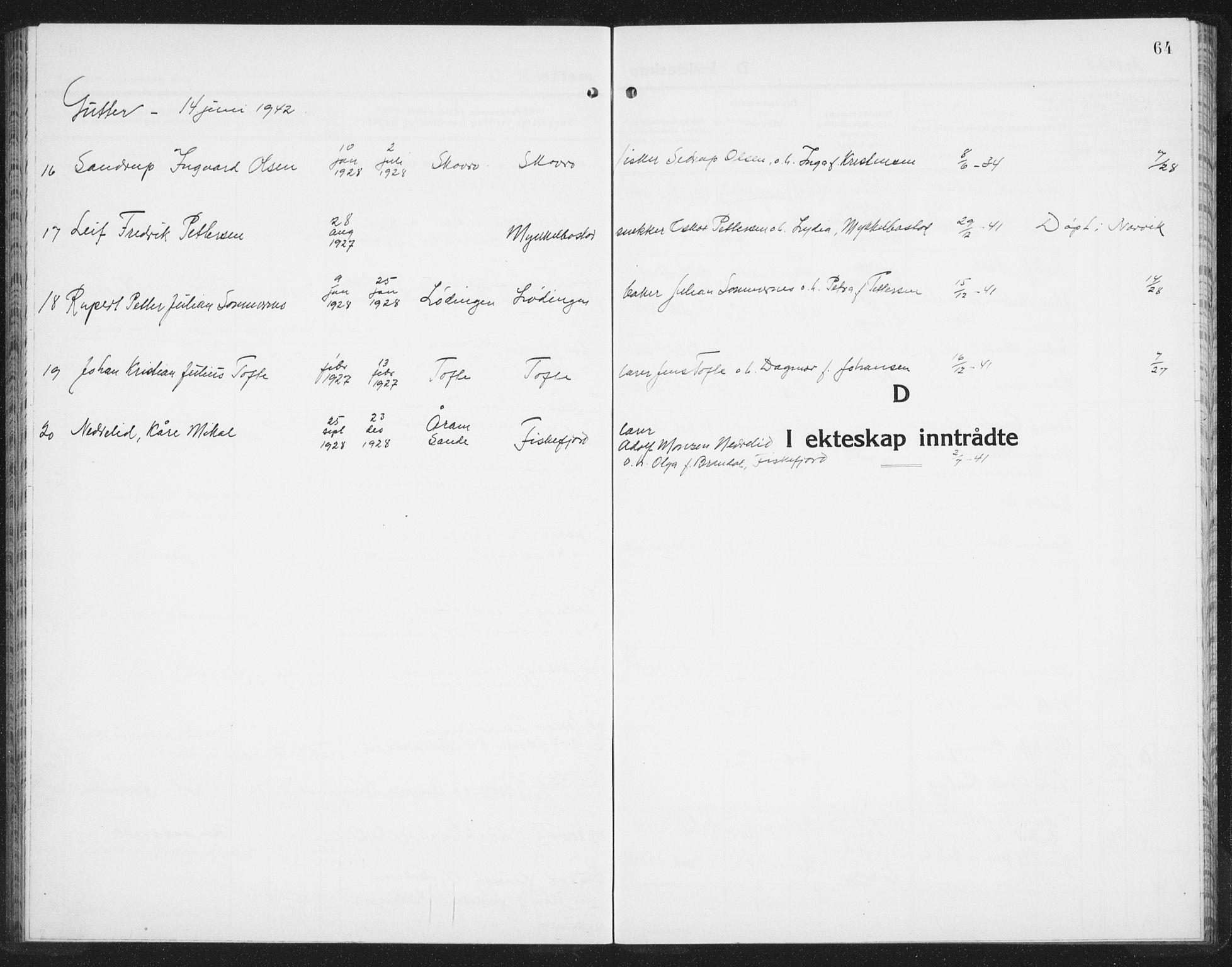 Ministerialprotokoller, klokkerbøker og fødselsregistre - Nordland, AV/SAT-A-1459/872/L1050: Parish register (copy) no. 872C06, 1932-1942, p. 64