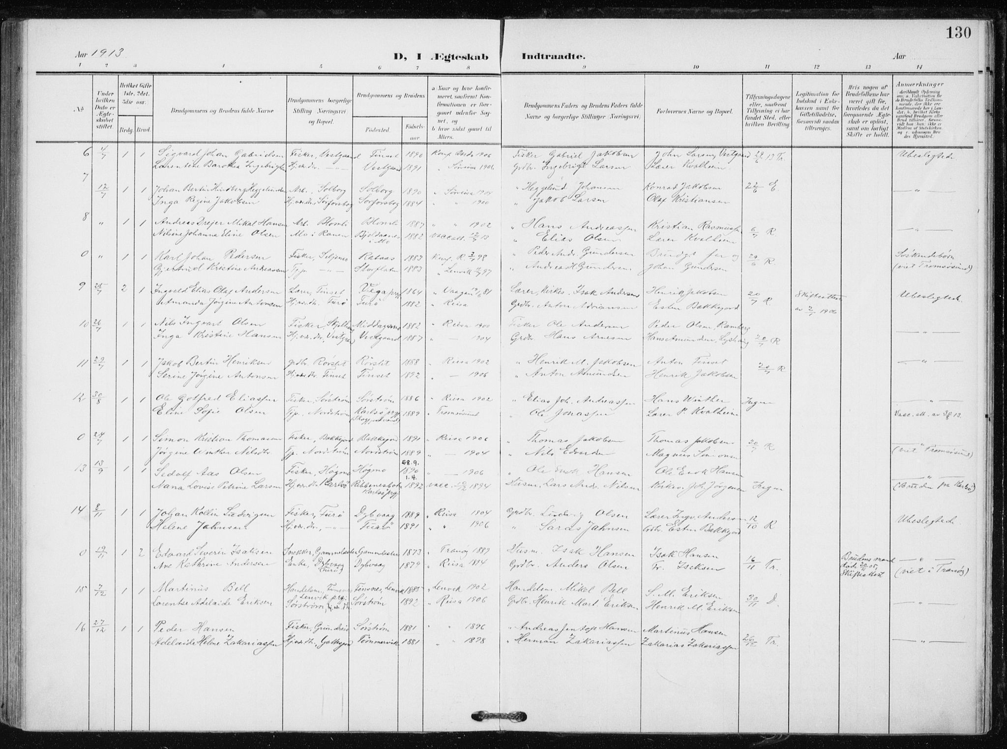 Tranøy sokneprestkontor, SATØ/S-1313/I/Ia/Iaa/L0012kirke: Parish register (official) no. 12, 1905-1918, p. 130