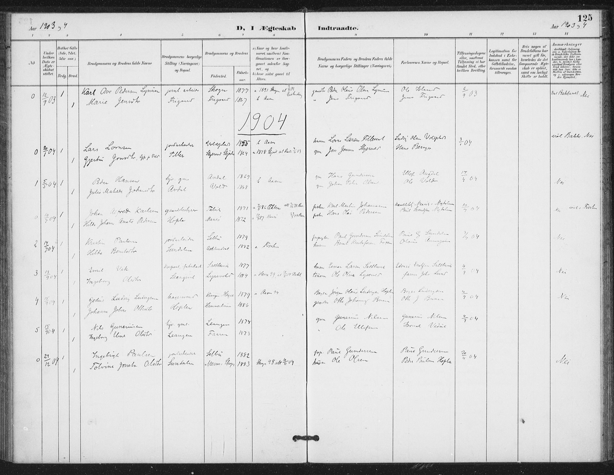 Ministerialprotokoller, klokkerbøker og fødselsregistre - Nord-Trøndelag, SAT/A-1458/714/L0131: Parish register (official) no. 714A02, 1896-1918, p. 125