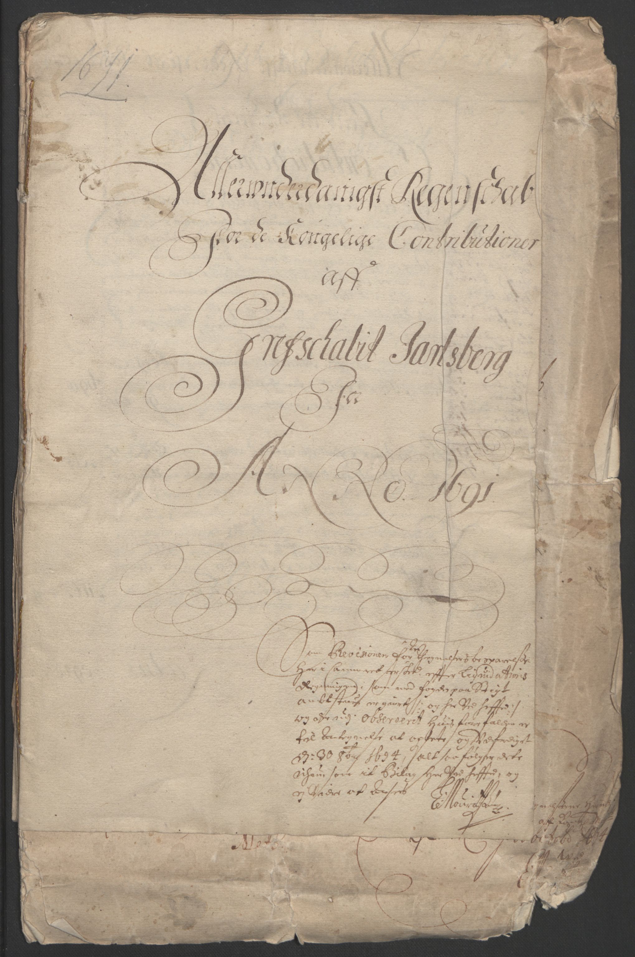 Rentekammeret inntil 1814, Reviderte regnskaper, Fogderegnskap, RA/EA-4092/R32/L1864: Fogderegnskap Jarlsberg grevskap, 1691, p. 3