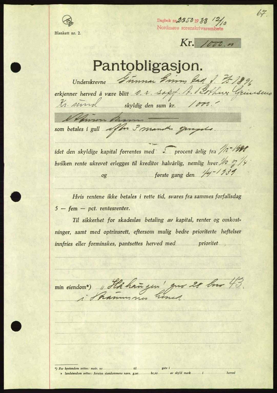 Nordmøre sorenskriveri, SAT/A-4132/1/2/2Ca: Mortgage book no. B84, 1938-1939, Diary no: : 2350/1938