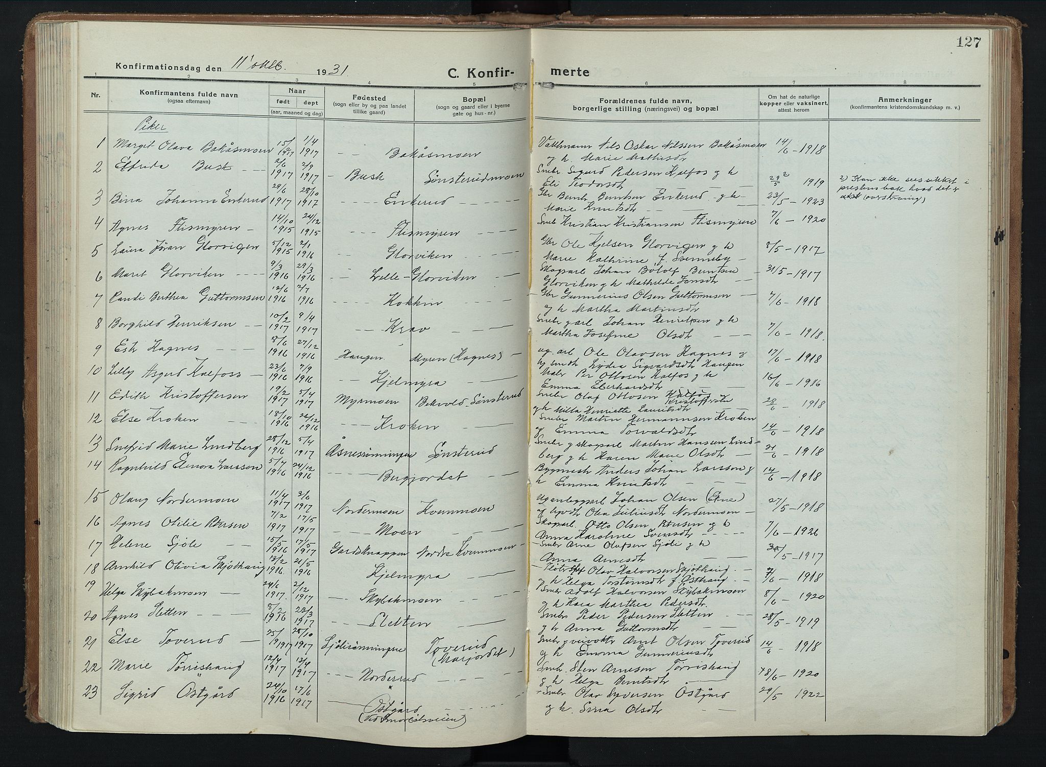 Åsnes prestekontor, AV/SAH-PREST-042/H/Ha/Hab/L0012: Parish register (copy) no. 12, 1921-1942, p. 127