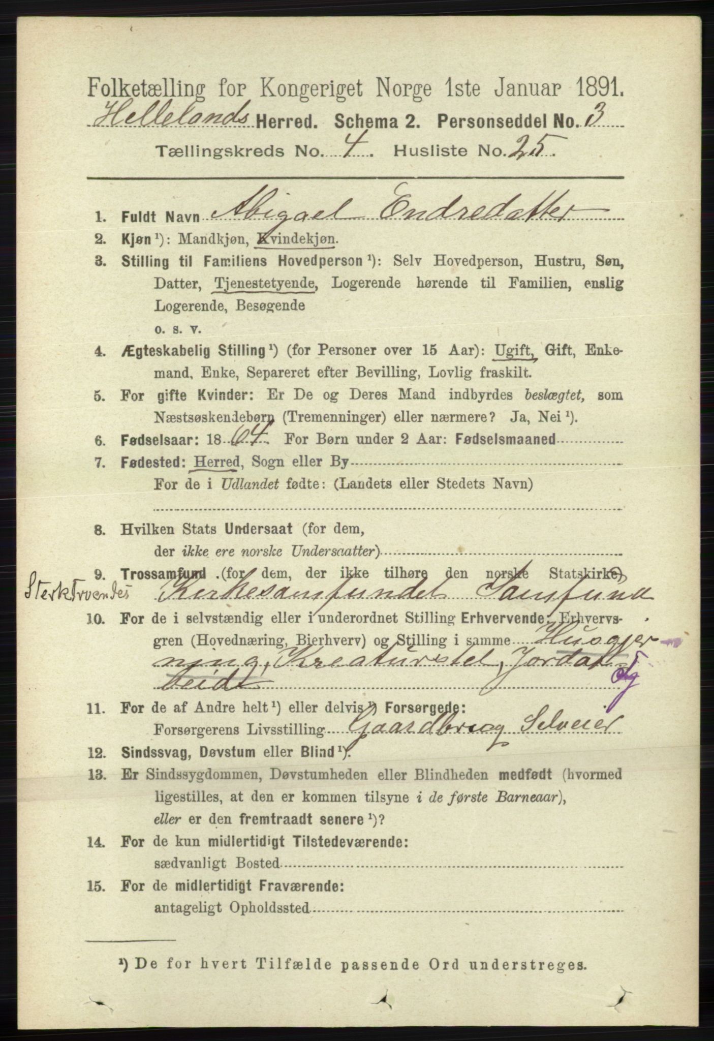 RA, 1891 census for 1115 Helleland, 1891, p. 1312