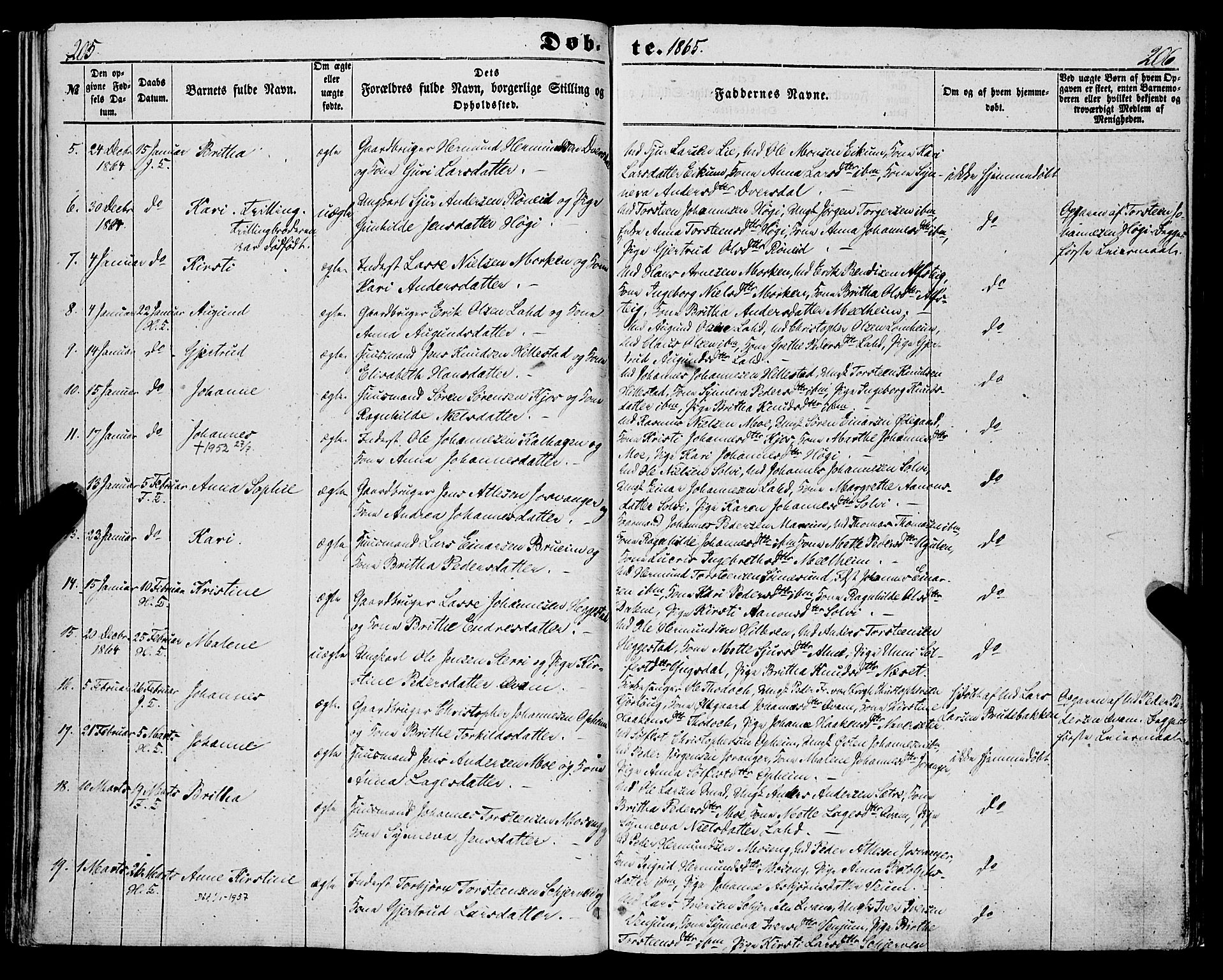 Hafslo sokneprestembete, AV/SAB-A-80301/H/Haa/Haaa/L0009: Parish register (official) no. A 9, 1852-1873, p. 205-206