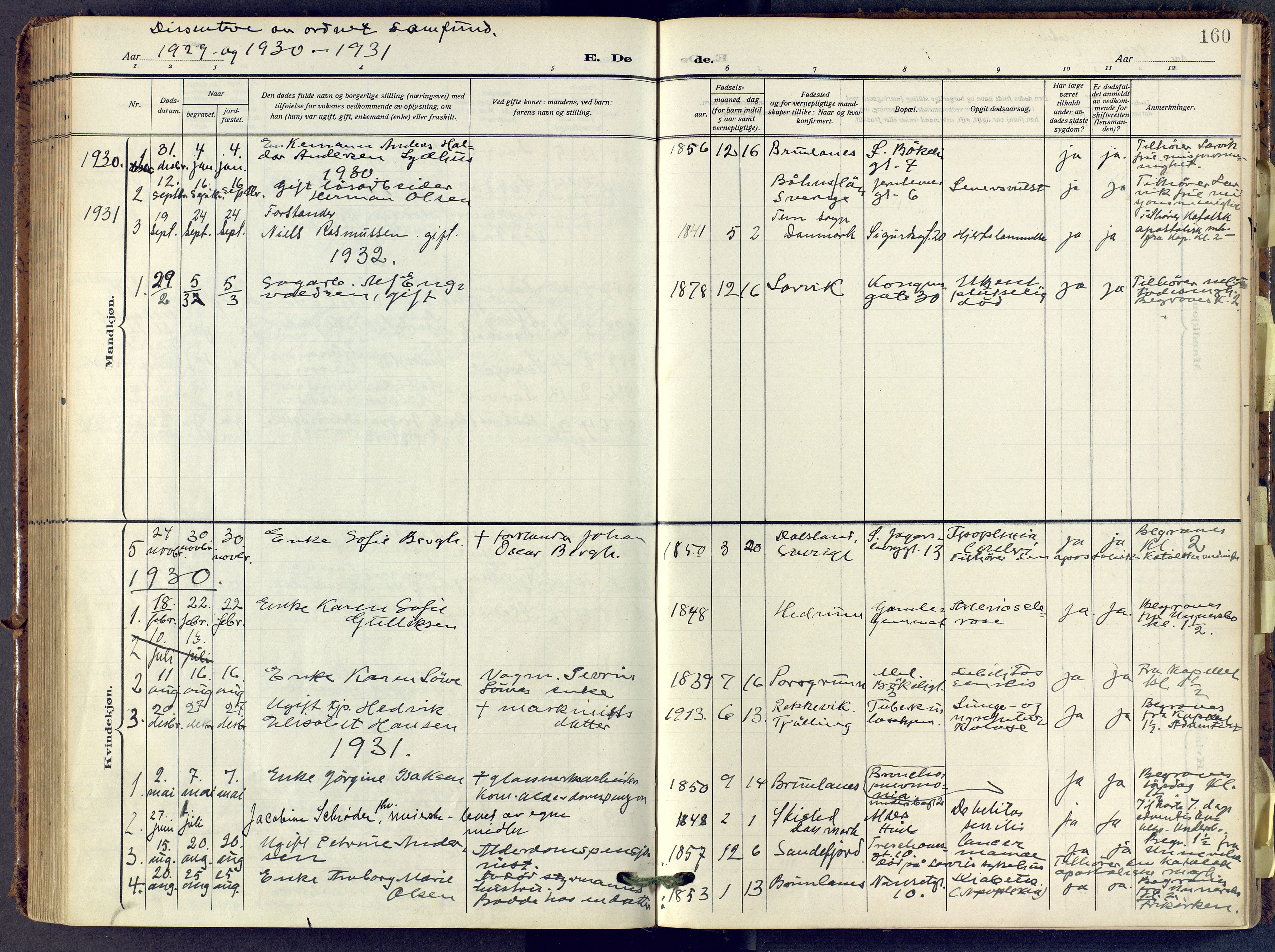 Larvik kirkebøker, SAKO/A-352/F/Fa/L0013: Parish register (official) no. I 13, 1910-1960, p. 160