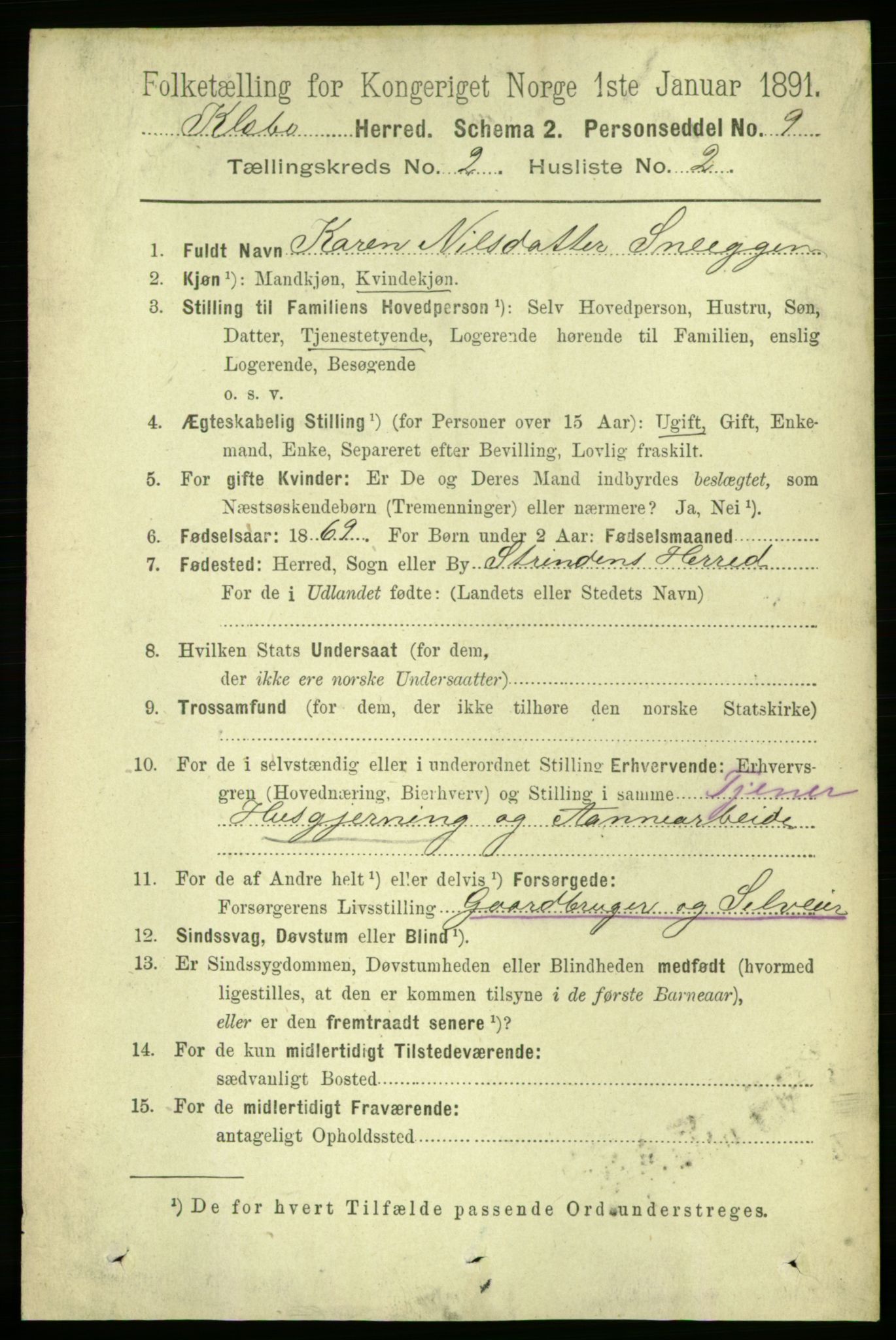 RA, 1891 census for 1662 Klæbu, 1891, p. 229