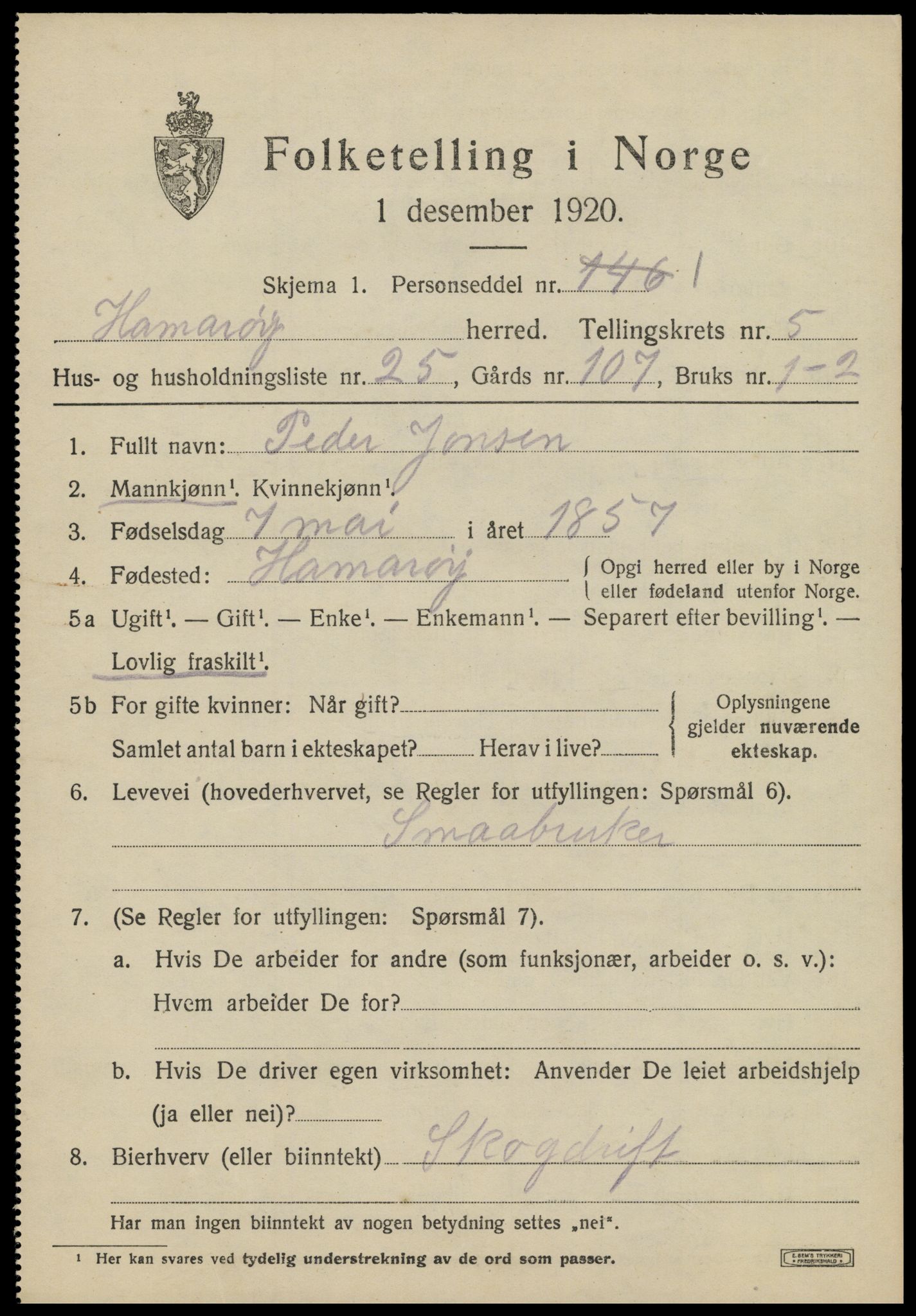 SAT, 1920 census for Hamarøy, 1920, p. 2936