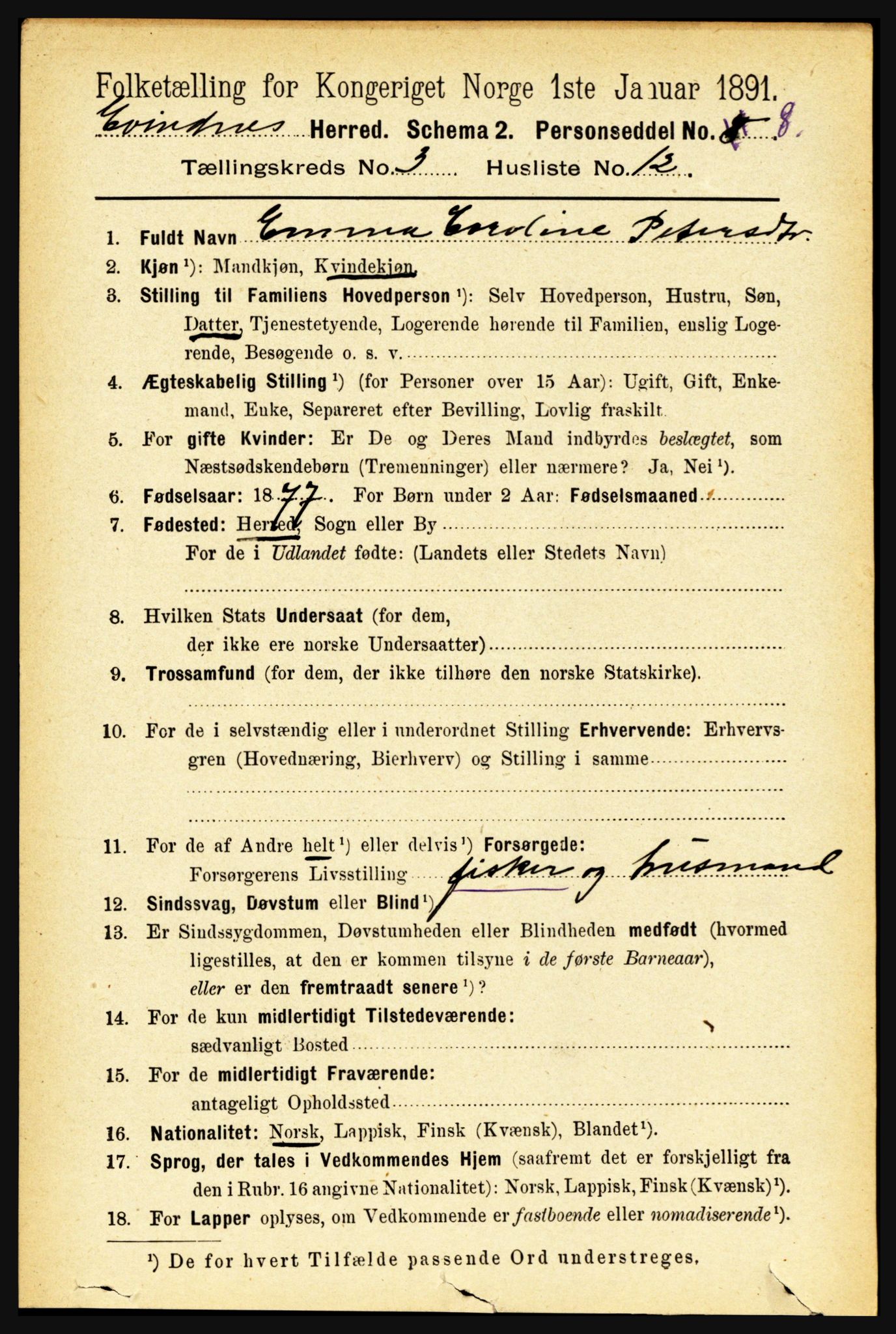 RA, 1891 census for 1853 Evenes, 1891, p. 842