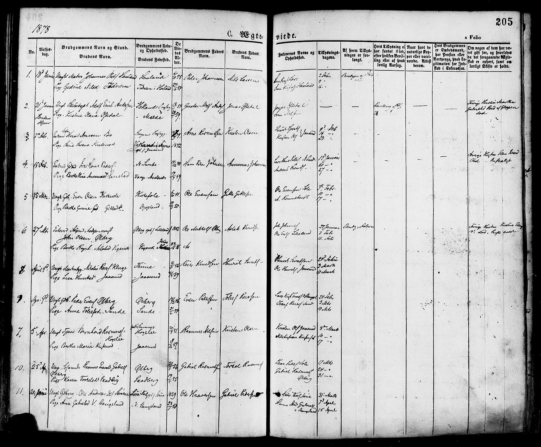 Håland sokneprestkontor, SAST/A-101802/001/30BA/L0009: Parish register (official) no. A 8, 1871-1882, p. 205