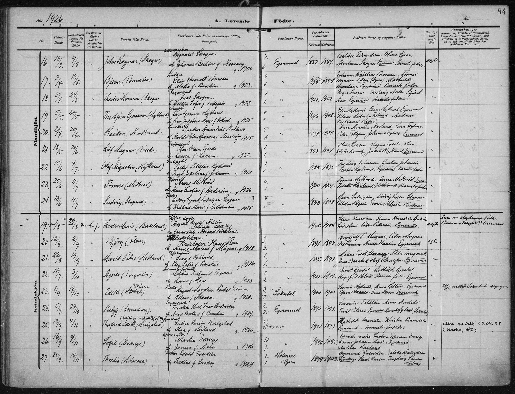 Eigersund sokneprestkontor, AV/SAST-A-101807/S08/L0022: Parish register (official) no. A 21, 1905-1928, p. 84