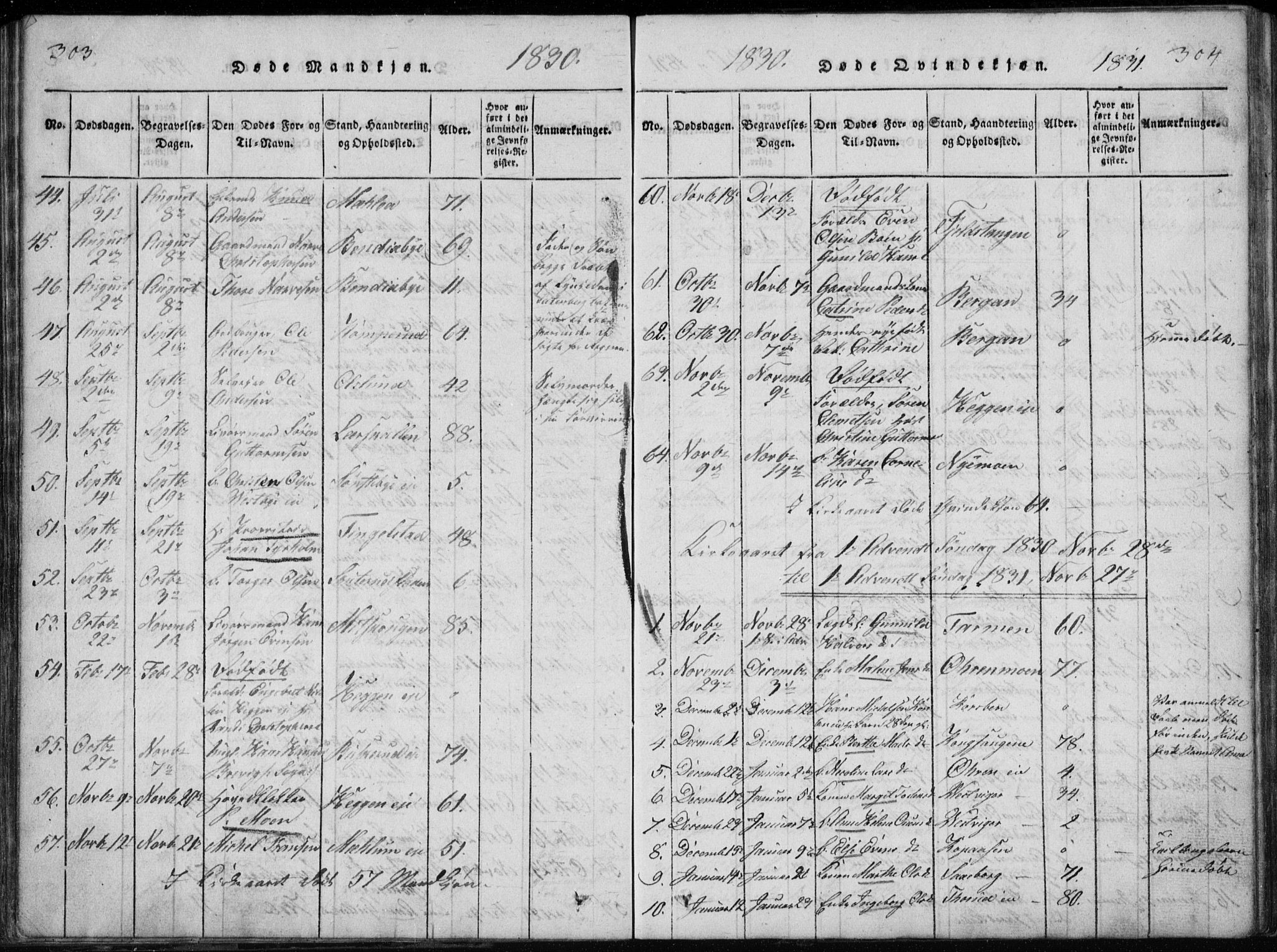 Modum kirkebøker, AV/SAKO-A-234/G/Ga/L0002: Parish register (copy) no. I 2, 1824-1832, p. 303-304