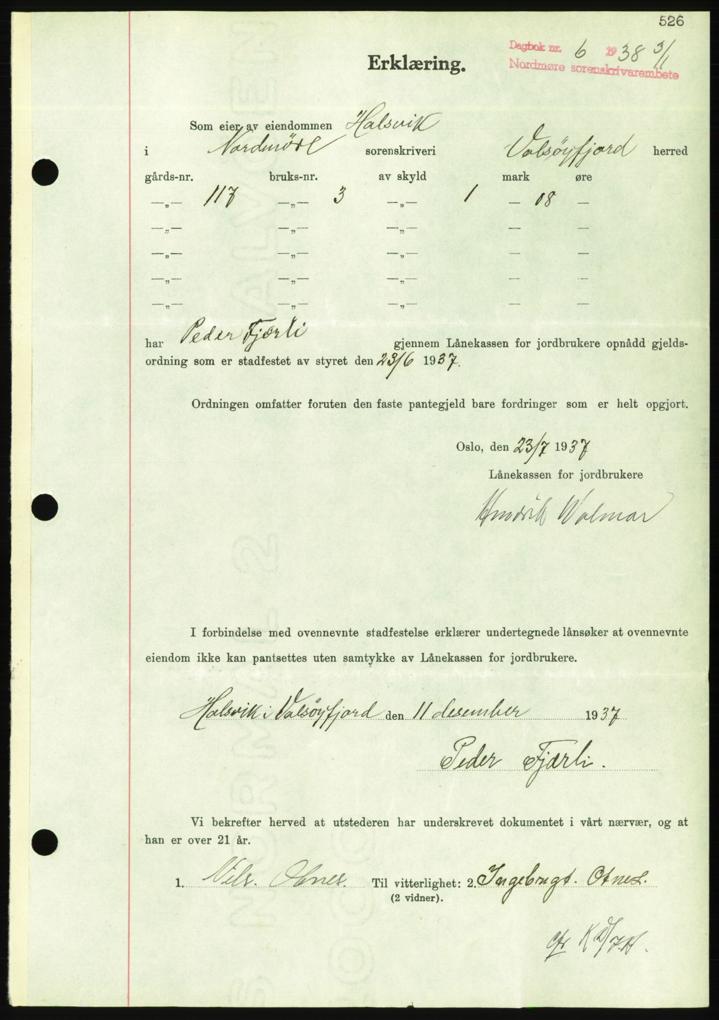 Nordmøre sorenskriveri, AV/SAT-A-4132/1/2/2Ca/L0092: Mortgage book no. B82, 1937-1938, Diary no: : 6/1938