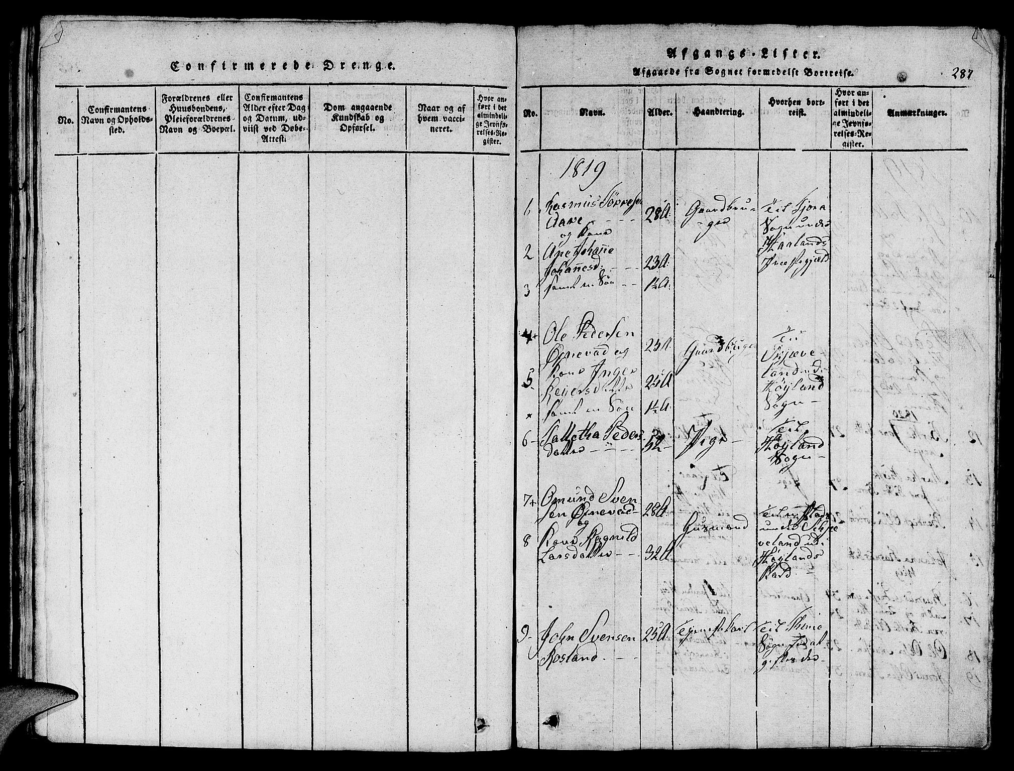 Klepp sokneprestkontor, SAST/A-101803/001/3/30BA/L0002: Parish register (official) no. A 2, 1816-1833, p. 287