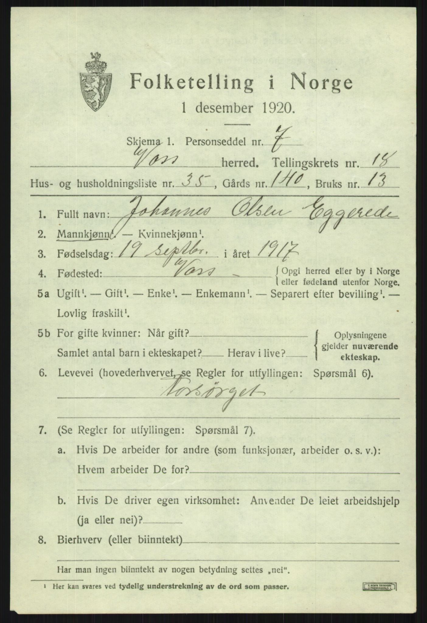 SAB, 1920 census for Voss, 1920, p. 14399