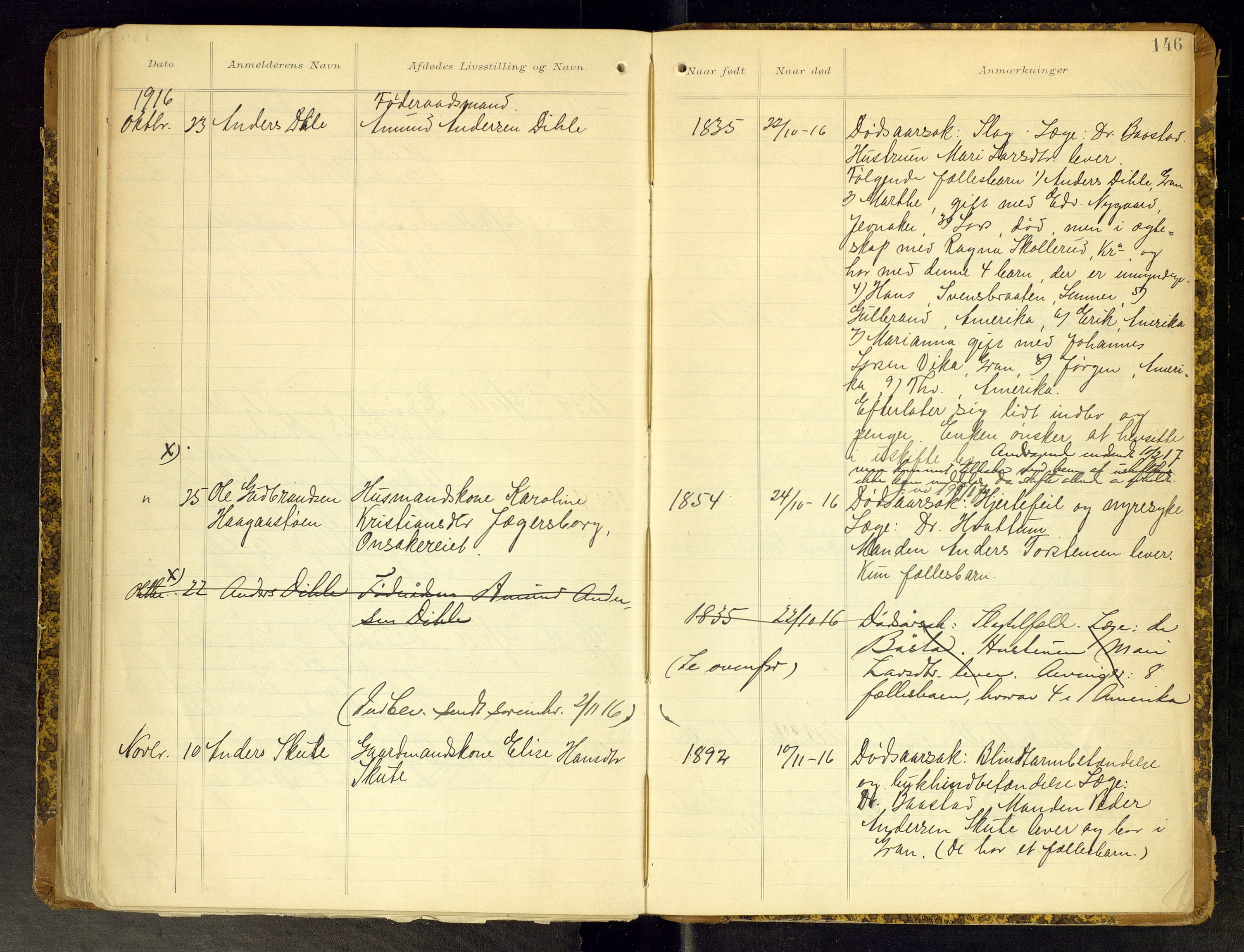 Gran lensmannskontor, AV/SAH-LOG-010/H/Ha/L0002: Dødsfallsprotokoll, 1899-1917, p. 146