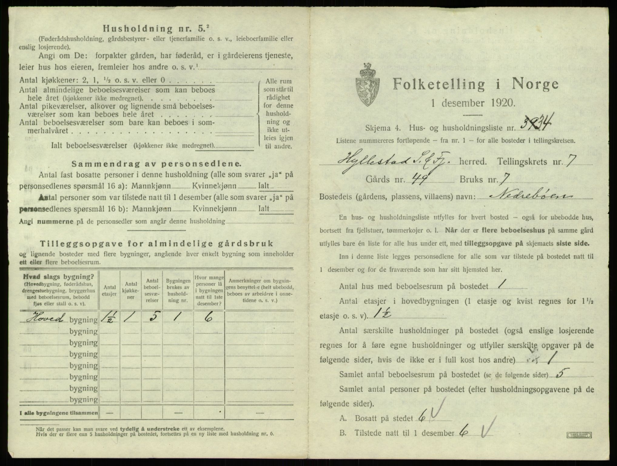 SAB, 1920 census for Hyllestad, 1920, p. 451