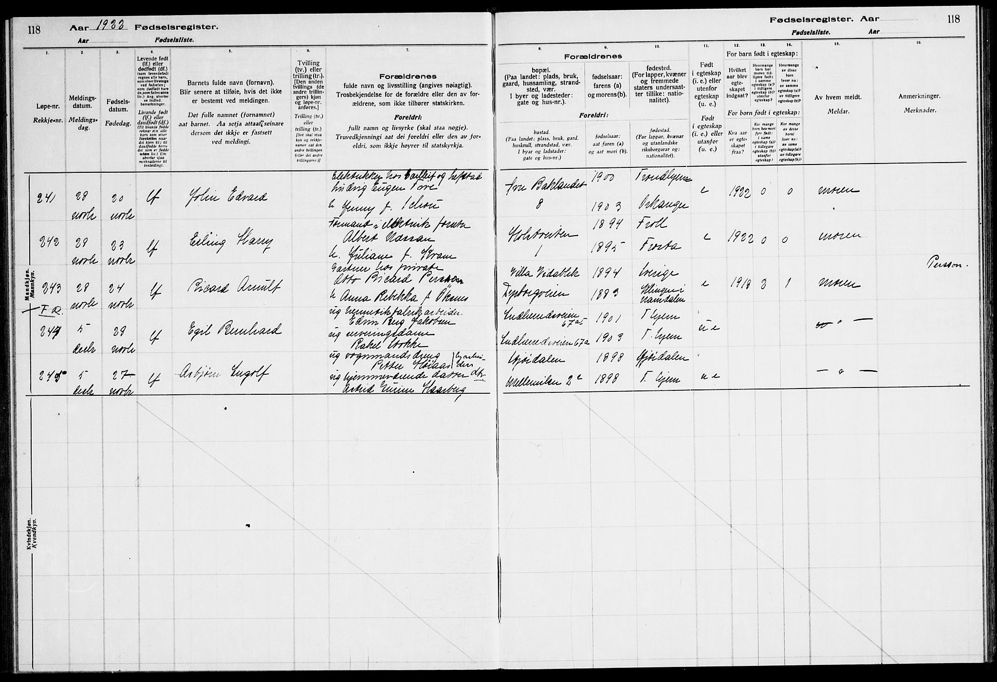 Ministerialprotokoller, klokkerbøker og fødselsregistre - Sør-Trøndelag, AV/SAT-A-1456/600/L0003: Birth register no. 600.II.4.2, 1920-1924, p. 118