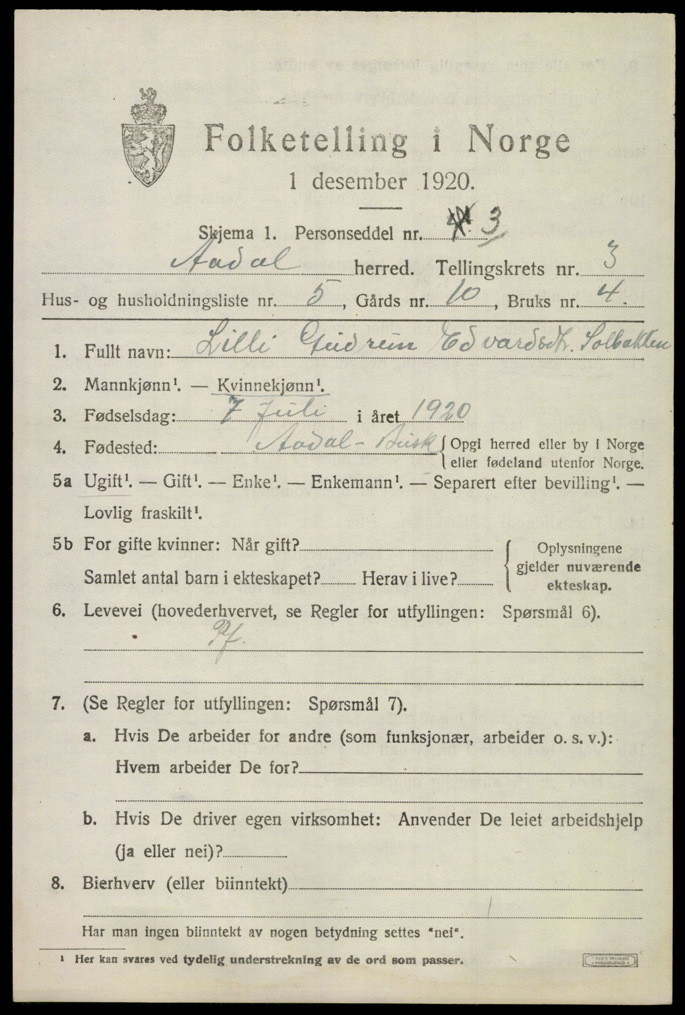 SAKO, 1920 census for Ådal, 1920, p. 3008