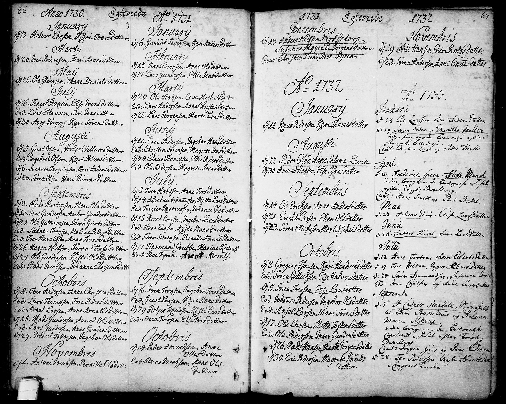 Bamble kirkebøker, SAKO/A-253/F/Fa/L0001: Parish register (official) no. I 1, 1702-1774, p. 66-67