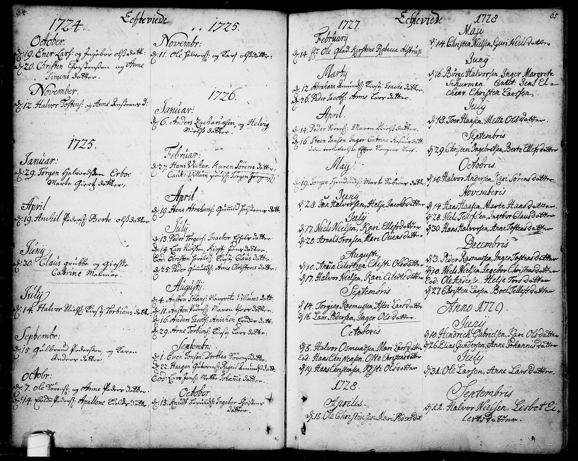 Bamble kirkebøker, SAKO/A-253/F/Fa/L0001: Parish register (official) no. I 1, 1702-1774, p. 64-65