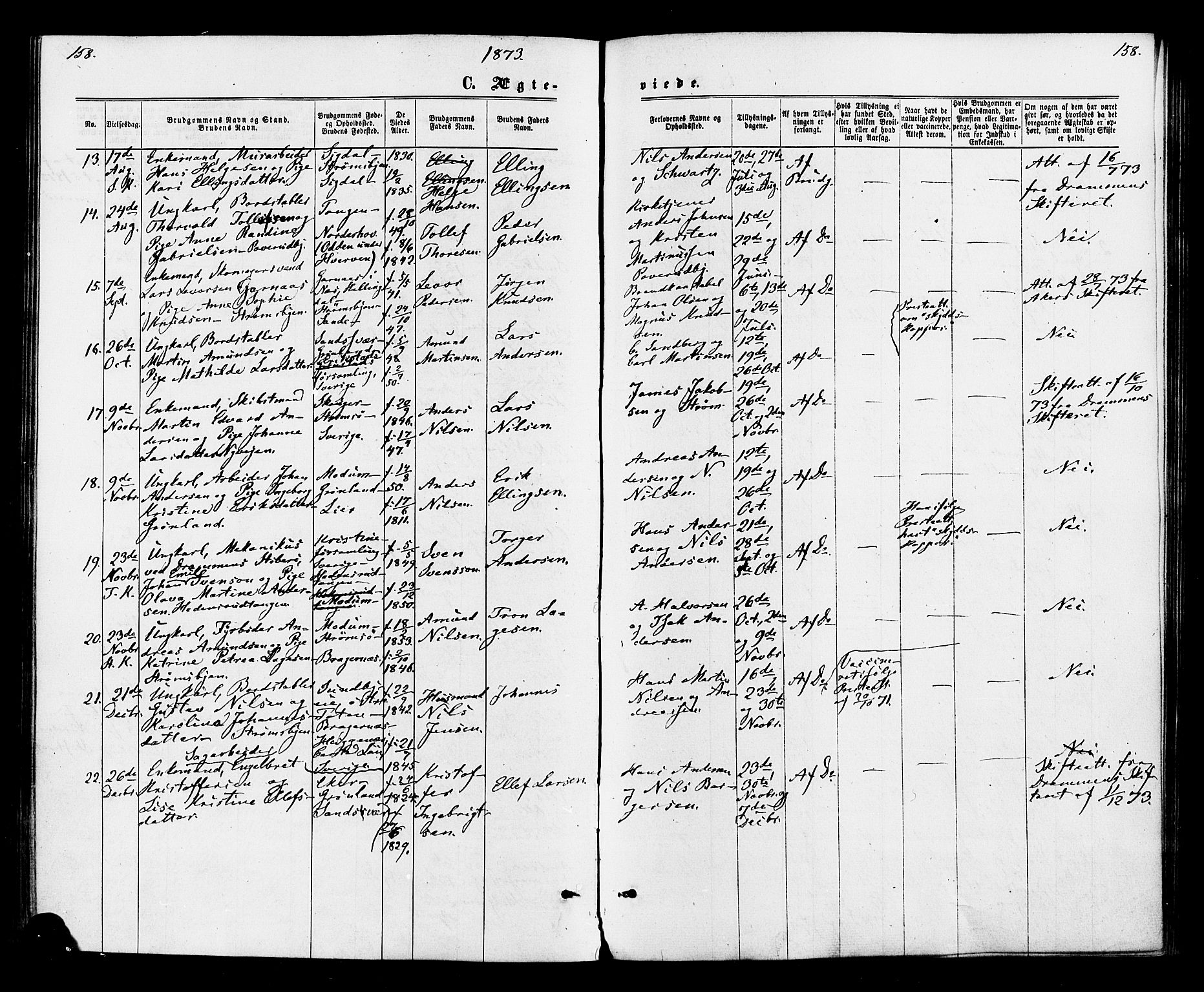 Strømsø kirkebøker, AV/SAKO-A-246/F/Fa/L0020: Parish register (official) no. I 20, 1870-1878, p. 158