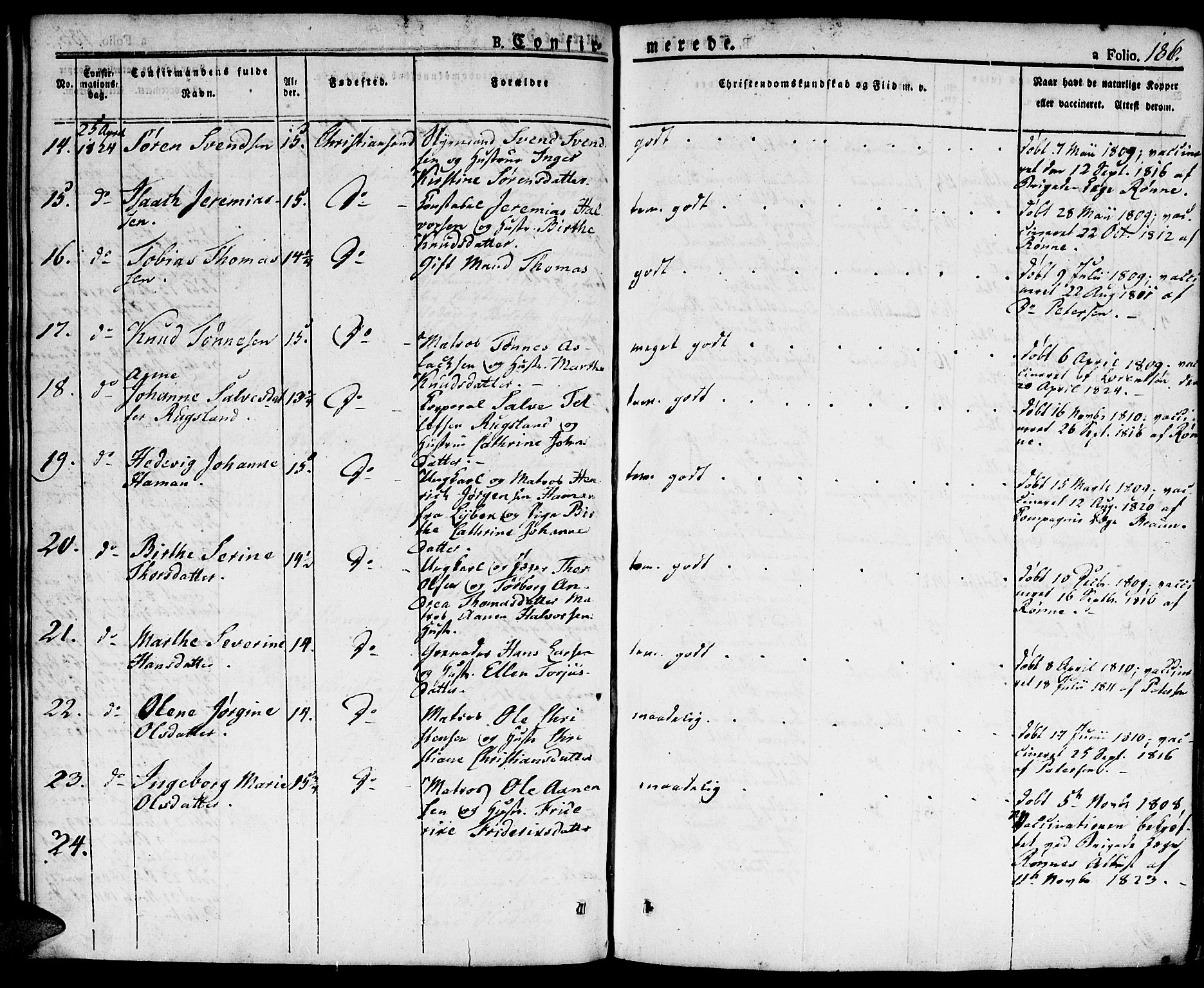 Kristiansand domprosti, SAK/1112-0006/F/Fa/L0009: Parish register (official) no. A 9, 1821-1827, p. 186