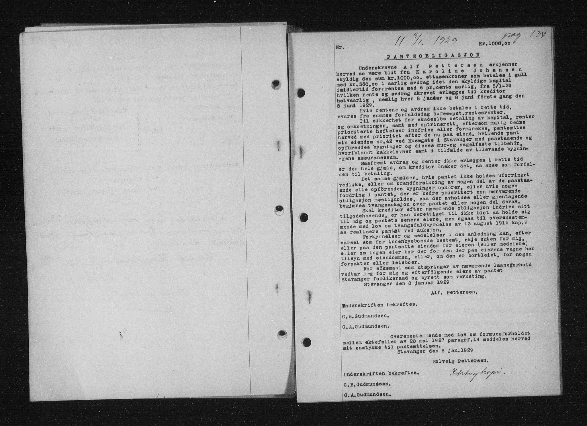 Stavanger byfogd, SAST/A-101408/001/4/41/410/410BB/L0055: Mortgage book no. 43, 1928-1929, Deed date: 09.01.1929