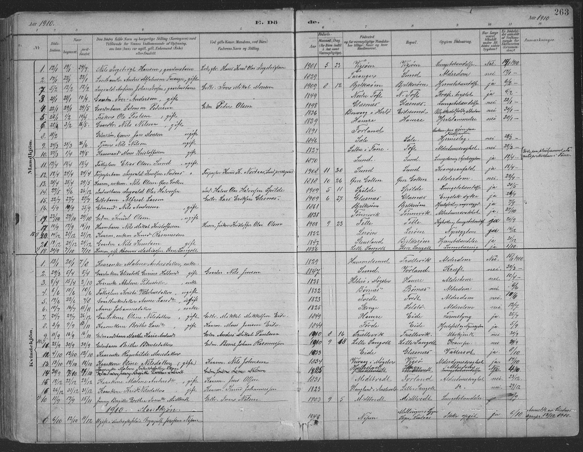 Sund sokneprestembete, AV/SAB-A-99930: Parish register (copy) no. B 3, 1882-1911, p. 263