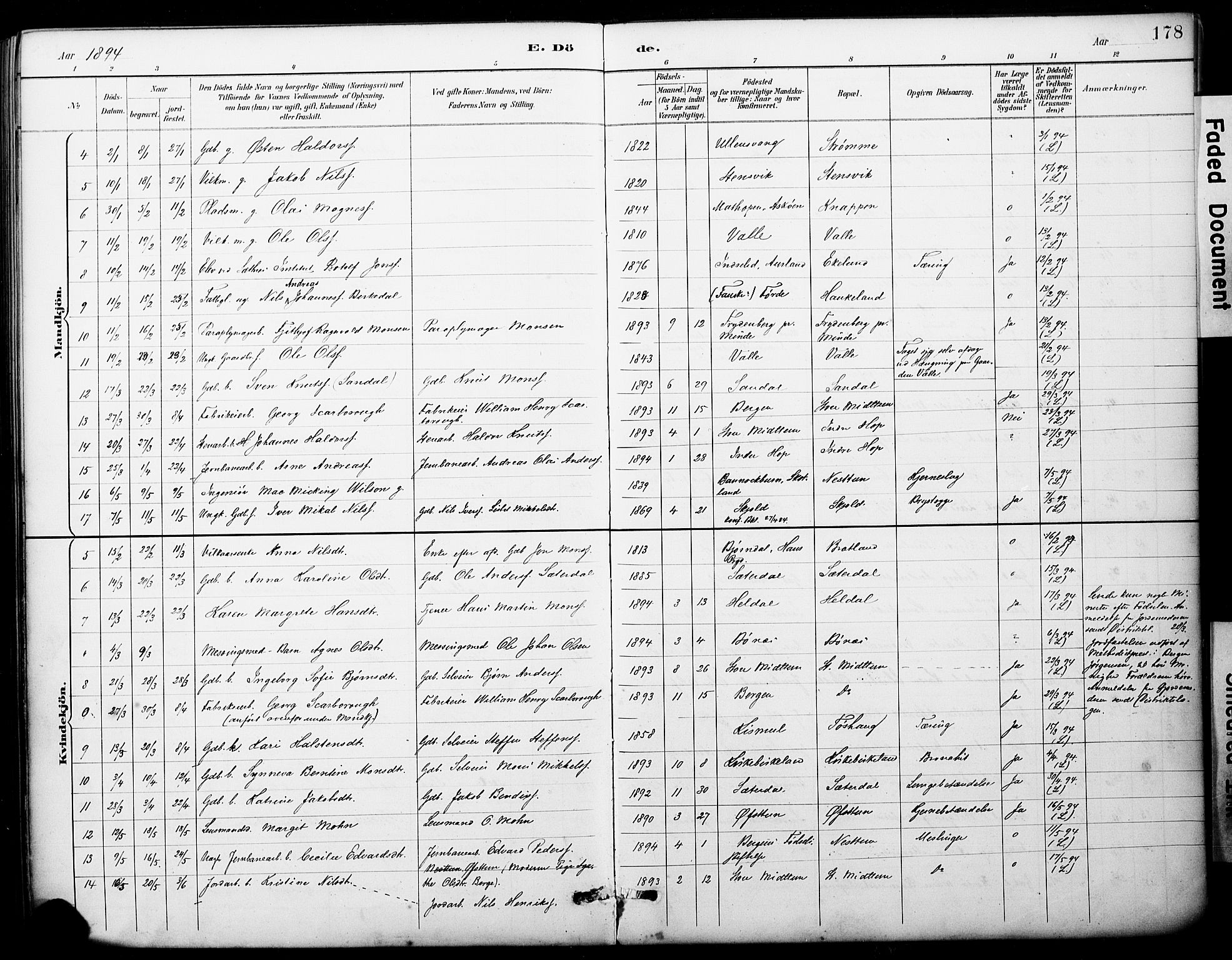 Fana Sokneprestembete, SAB/A-75101/H/Haa/Haai/L0002: Parish register (official) no. I 2, 1888-1899, p. 178