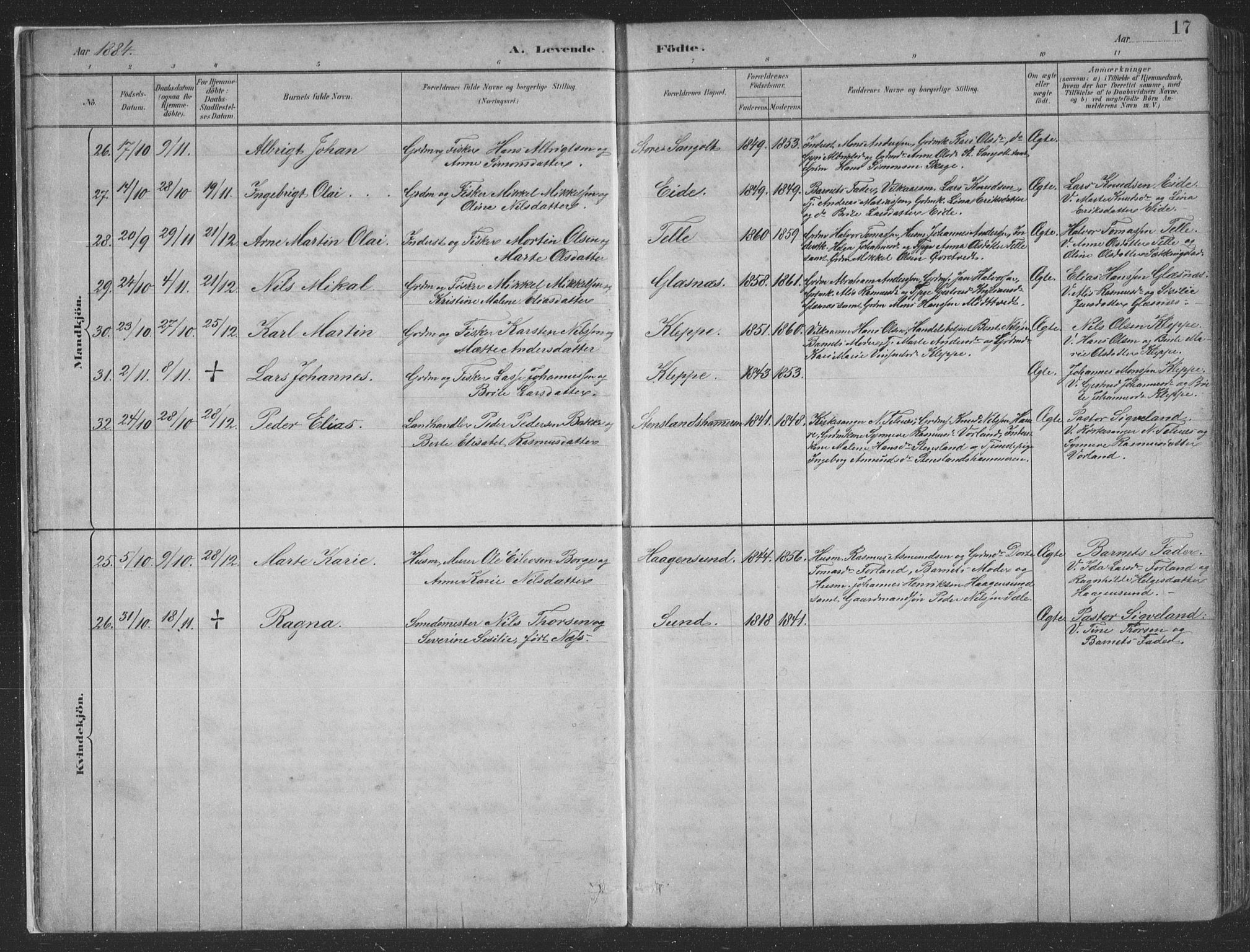 Sund sokneprestembete, AV/SAB-A-99930: Parish register (copy) no. B 3, 1882-1911, p. 17