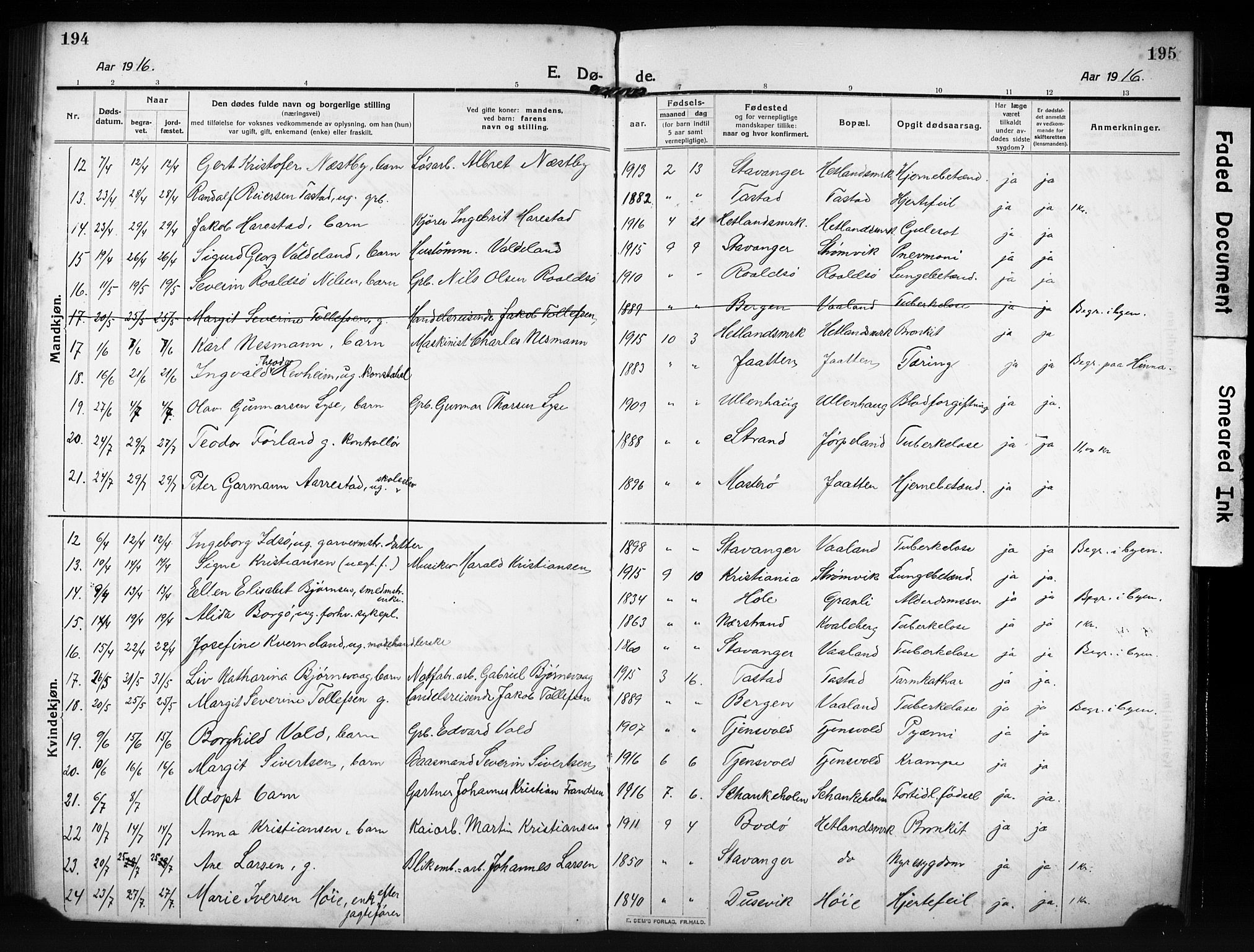 Hetland sokneprestkontor, AV/SAST-A-101826/30/30BB/L0009: Parish register (copy) no. B 9, 1910-1931, p. 194-195