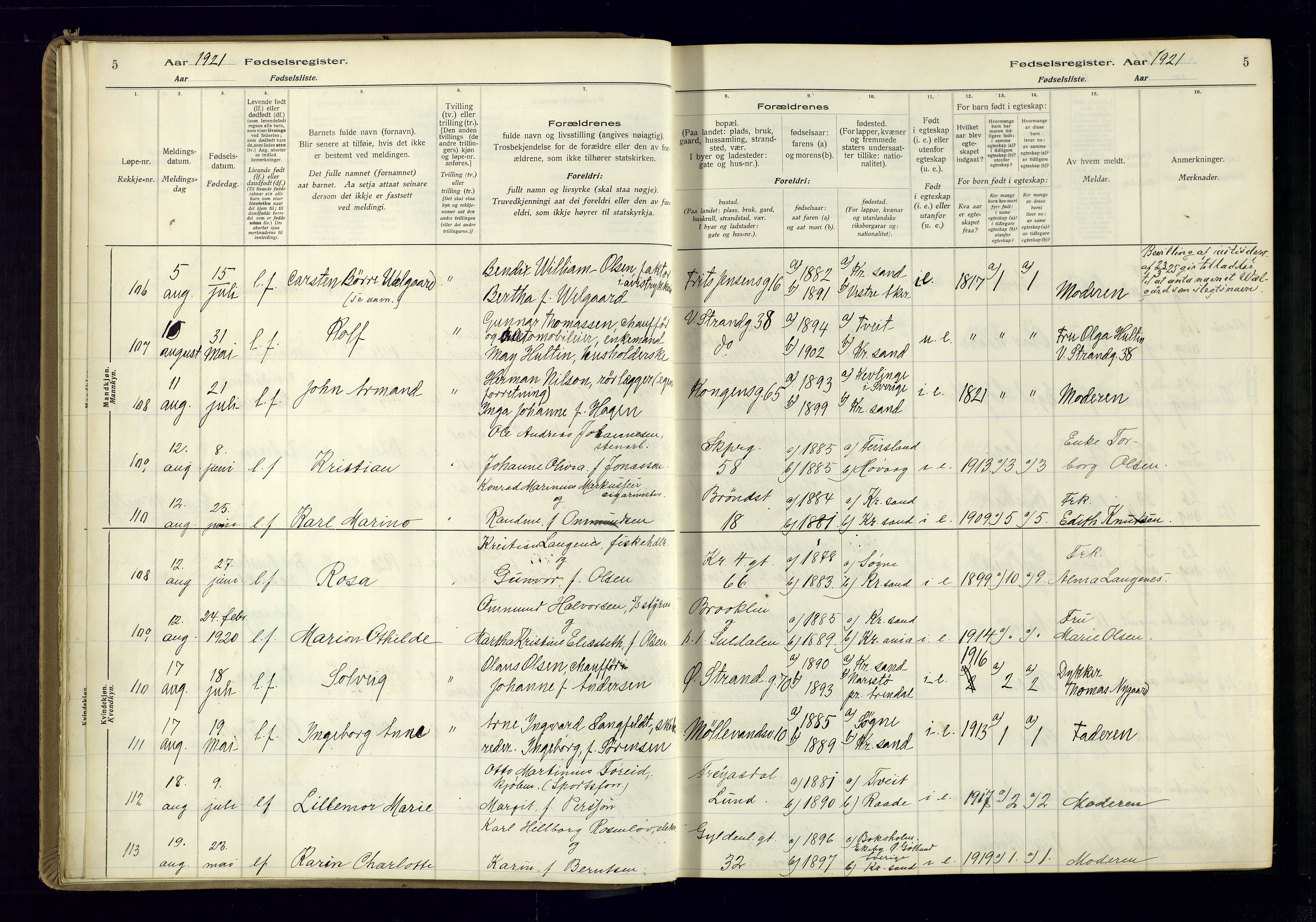 Kristiansand domprosti, AV/SAK-1112-0006/J/Jc/L0002: Birth register no. A-VI-46, 1921-1926, p. 5