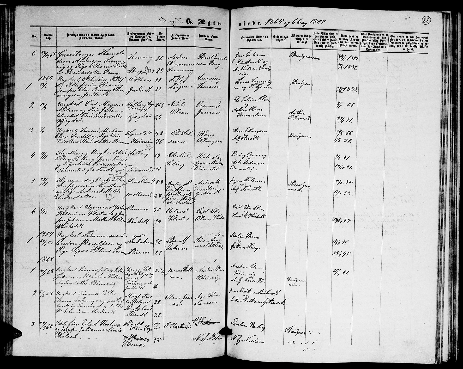 Hommedal sokneprestkontor, AV/SAK-1111-0023/F/Fb/Fba/L0003: Parish register (copy) no. B 3, 1863-1884, p. 88