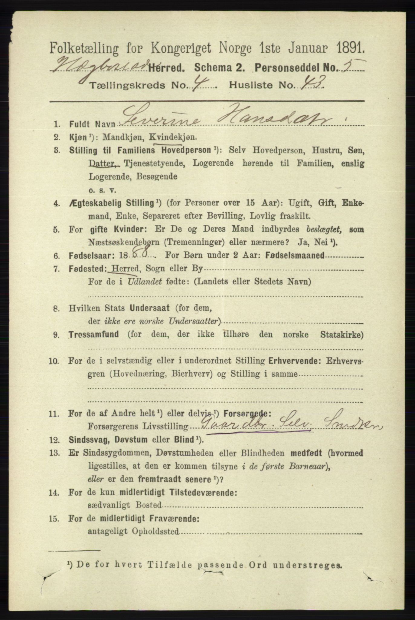 RA, 1891 census for 1034 Hægebostad, 1891, p. 1426