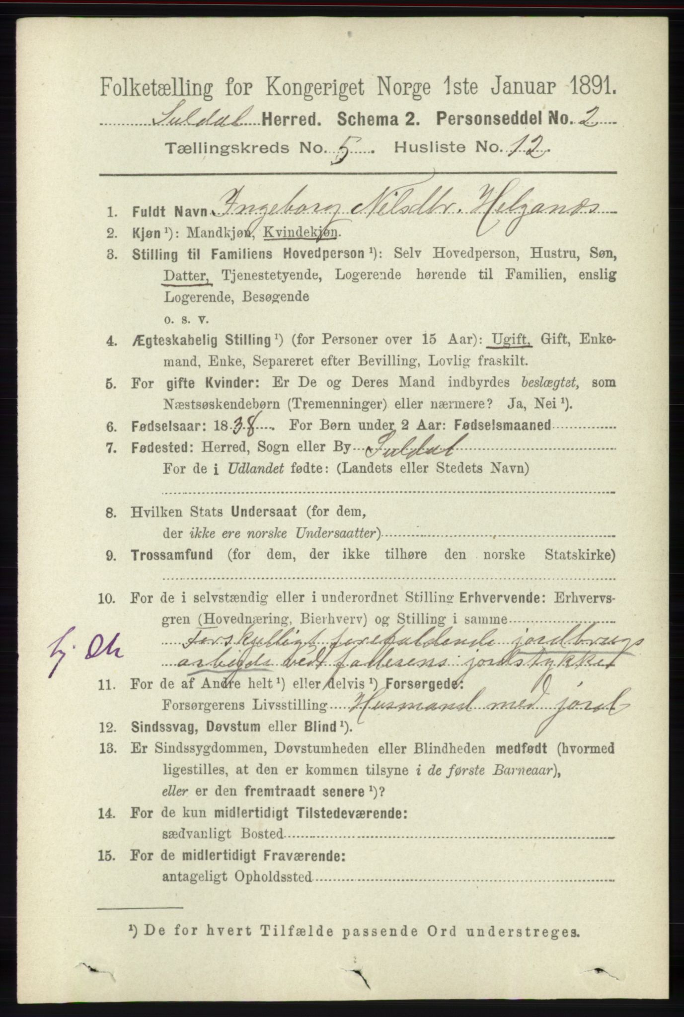 RA, 1891 census for 1134 Suldal, 1891, p. 1525