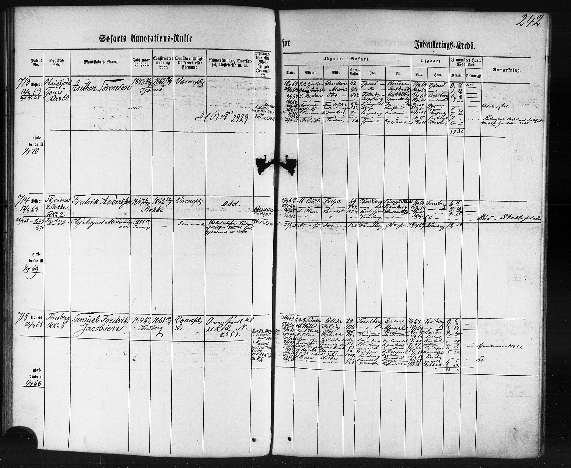 Tønsberg innrulleringskontor, SAKO/A-786/F/Fb/L0001: Annotasjonsrulle Patent nr. 1-1724, 1860-1868, p. 256