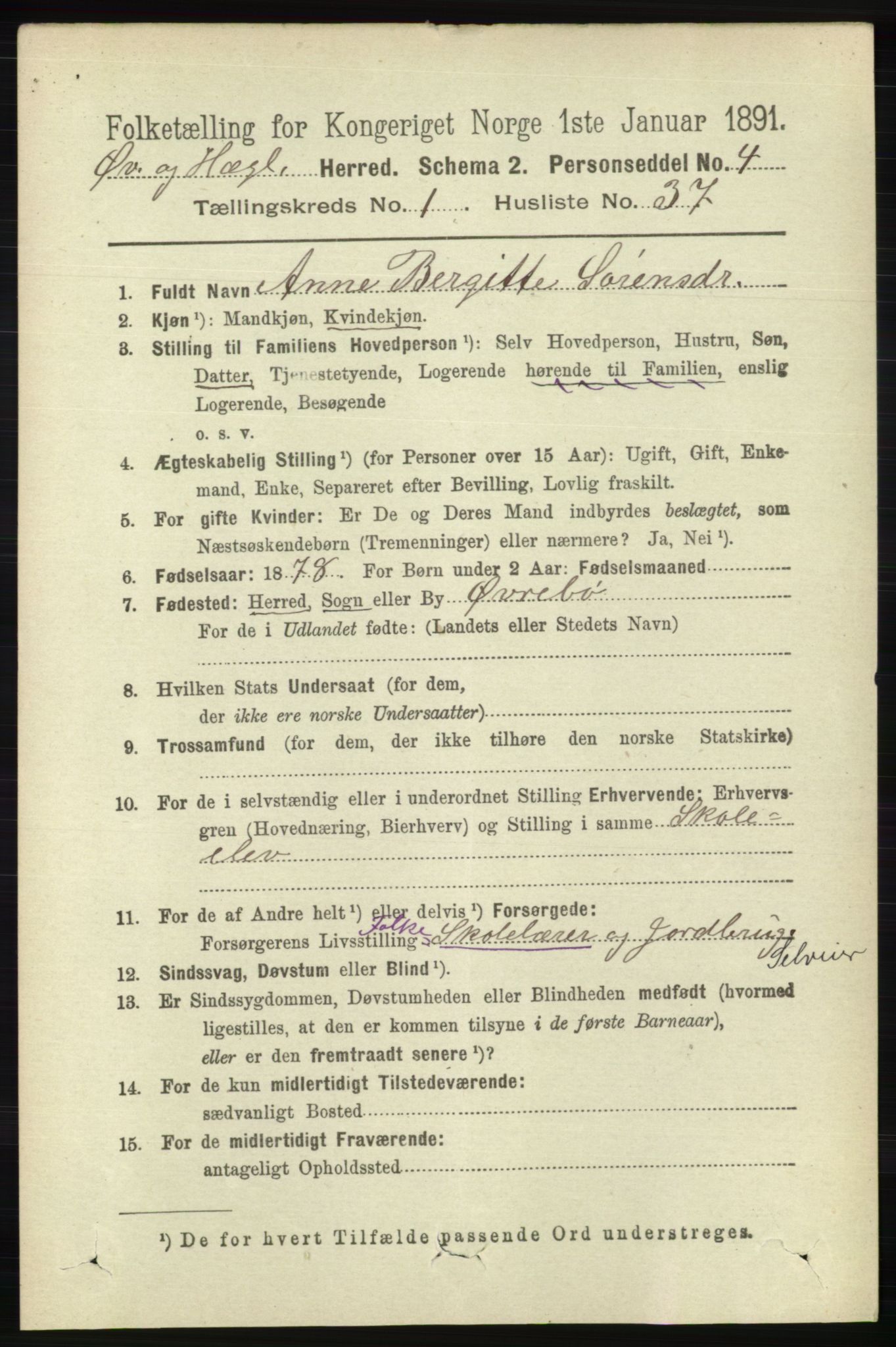 RA, 1891 census for 1016 Øvrebø og Hægeland, 1891, p. 277