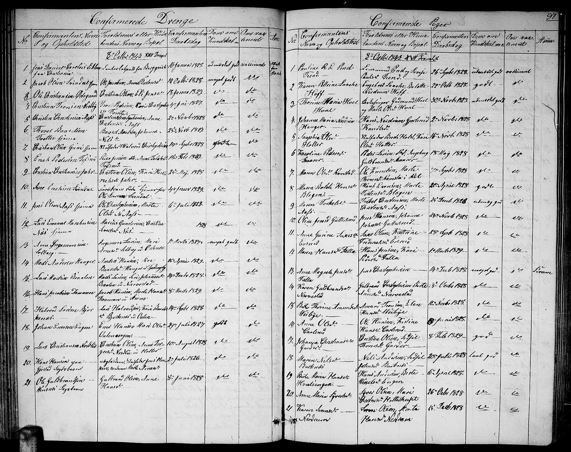 Fet prestekontor Kirkebøker, SAO/A-10370a/G/Ga/L0002: Parish register (copy) no. I 2, 1843-1859, p. 97