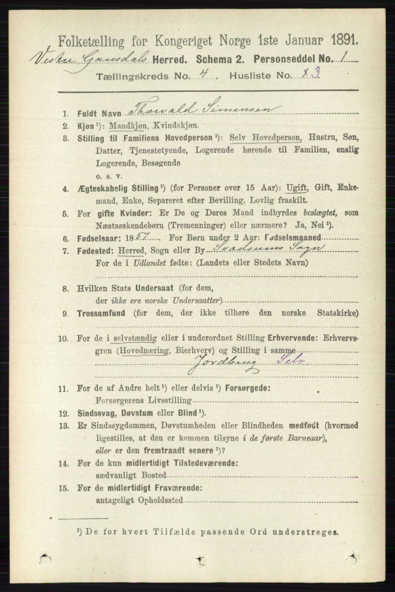 RA, 1891 census for 0523 Vestre Gausdal, 1891, p. 1722