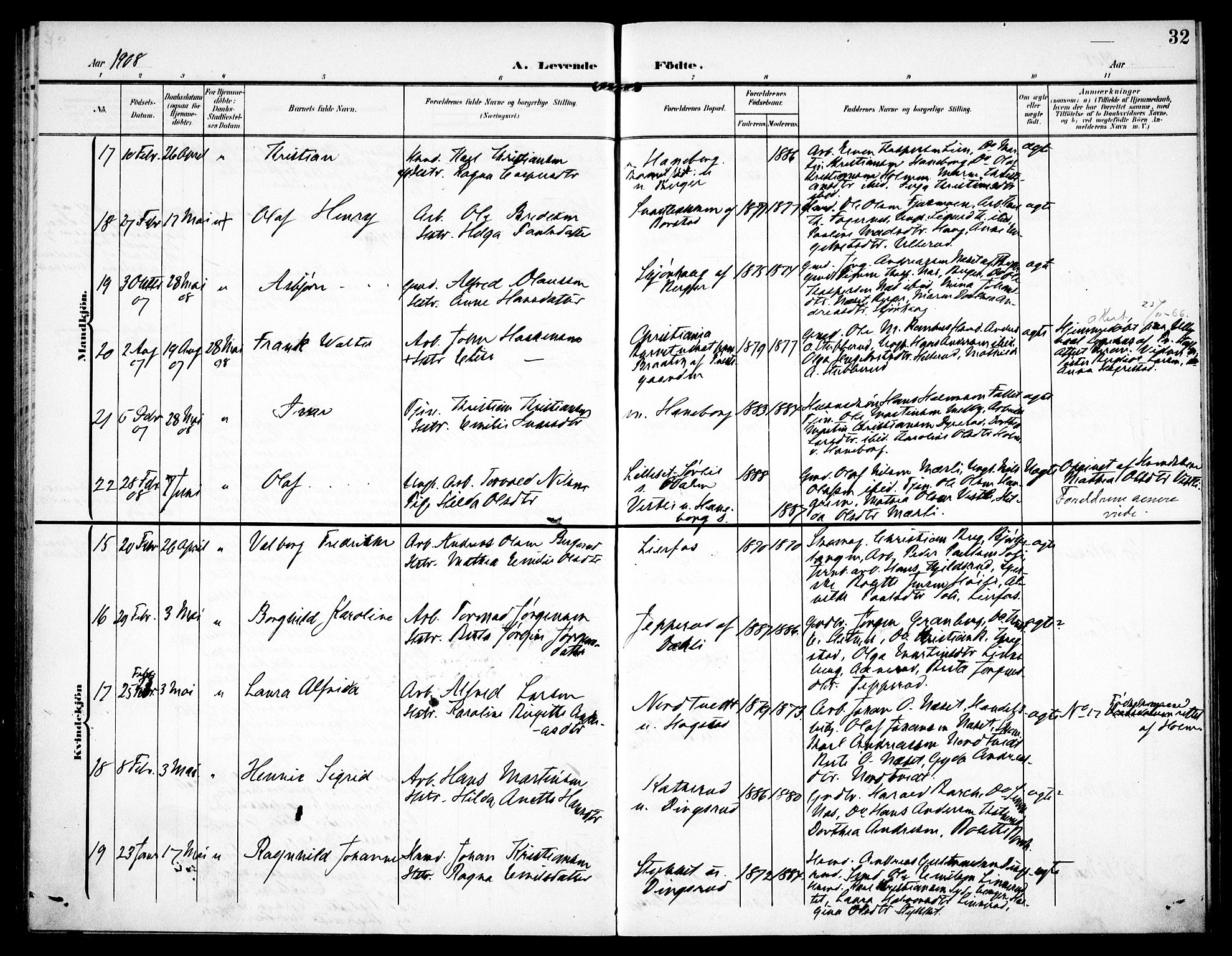 Aurskog prestekontor Kirkebøker, SAO/A-10304a/F/Fa/L0011: Parish register (official) no. I 11, 1905-1911, p. 32