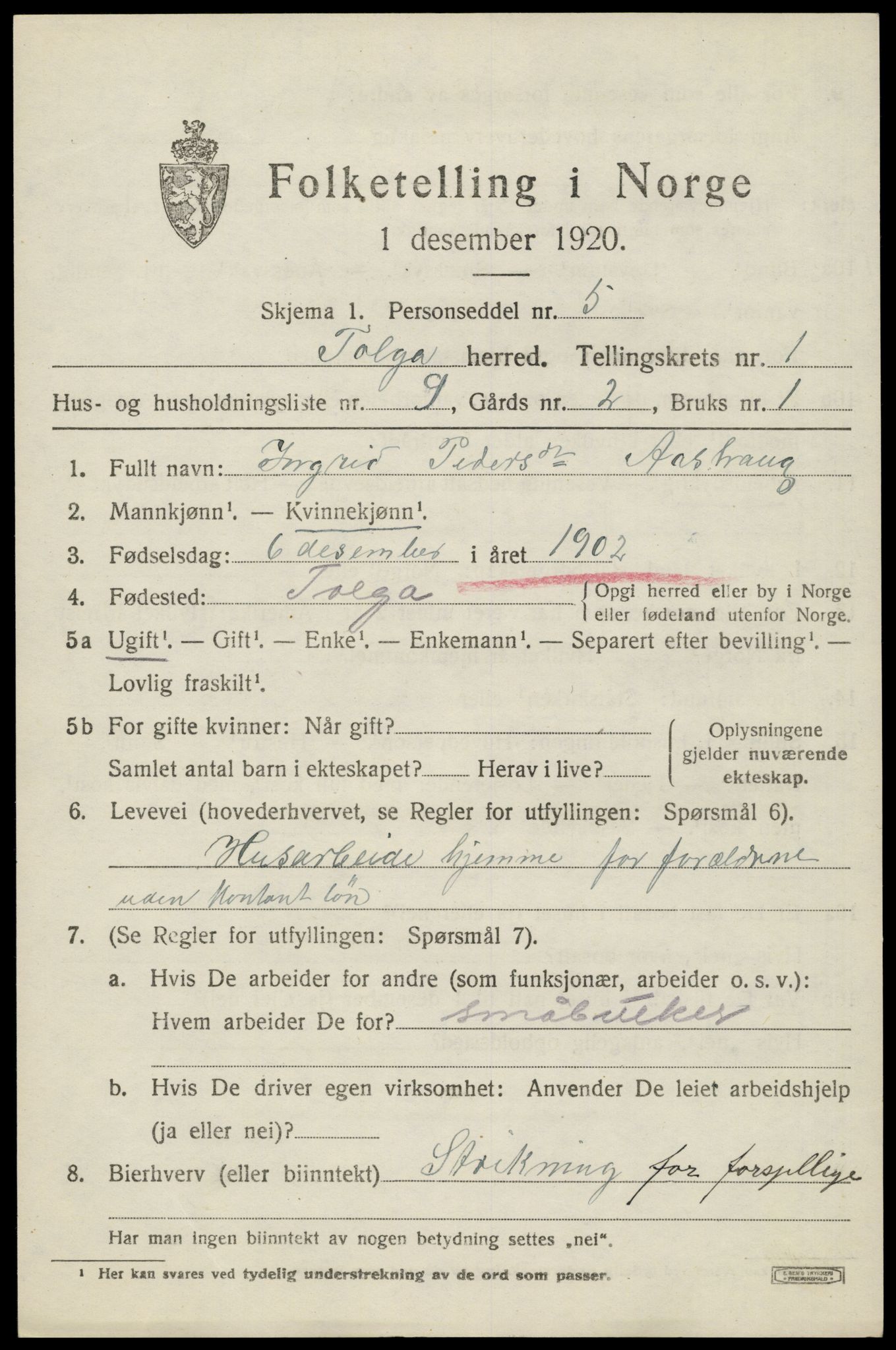 SAH, 1920 census for Tolga, 1920, p. 1505