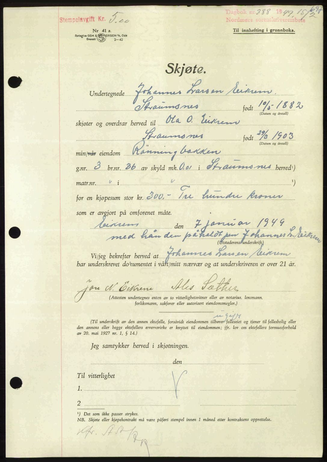 Nordmøre sorenskriveri, AV/SAT-A-4132/1/2/2Ca: Mortgage book no. A110, 1948-1949, Diary no: : 388/1949