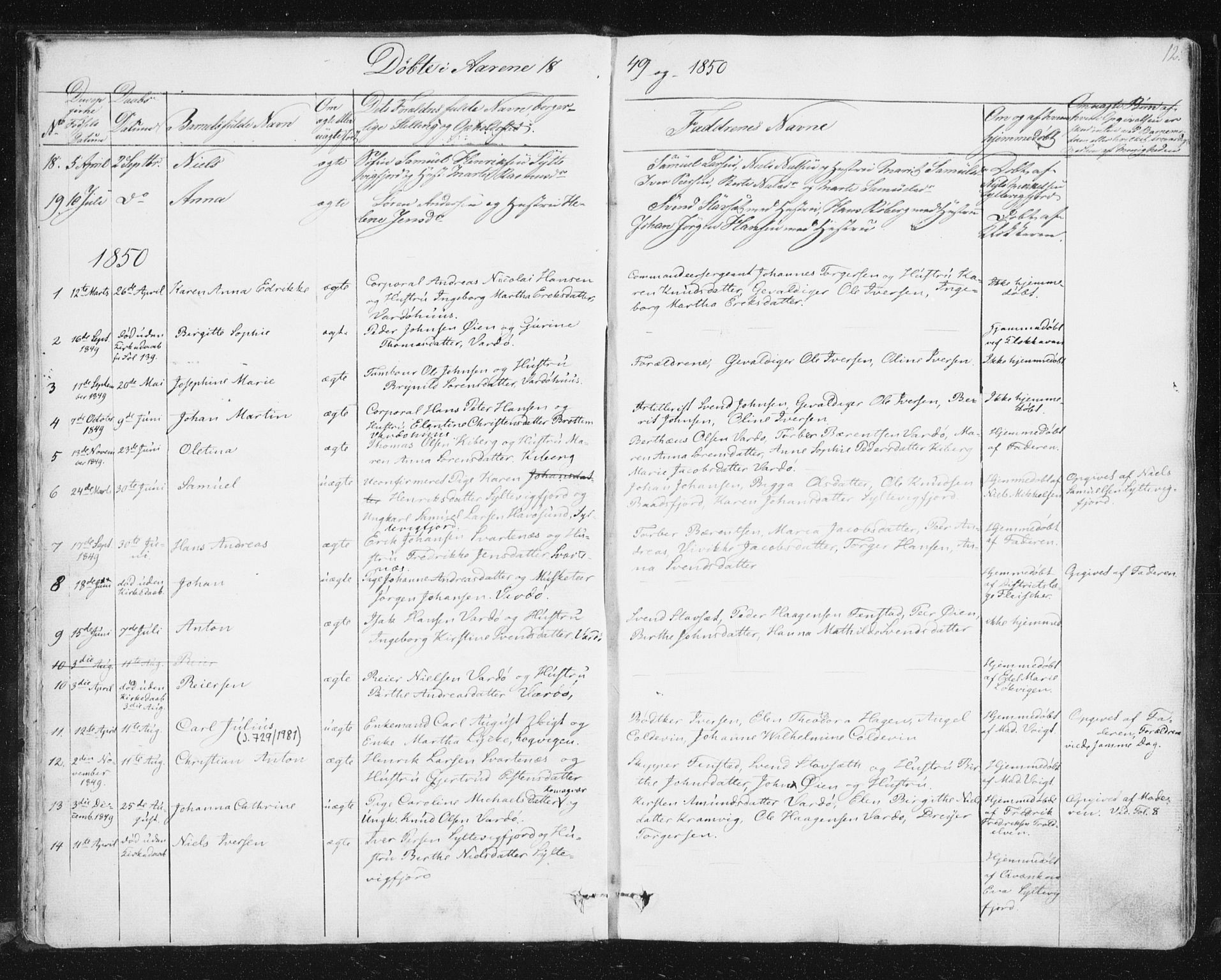 Vardø sokneprestkontor, SATØ/S-1332/H/Ha/L0003kirke: Parish register (official) no. 3, 1843-1861, p. 12