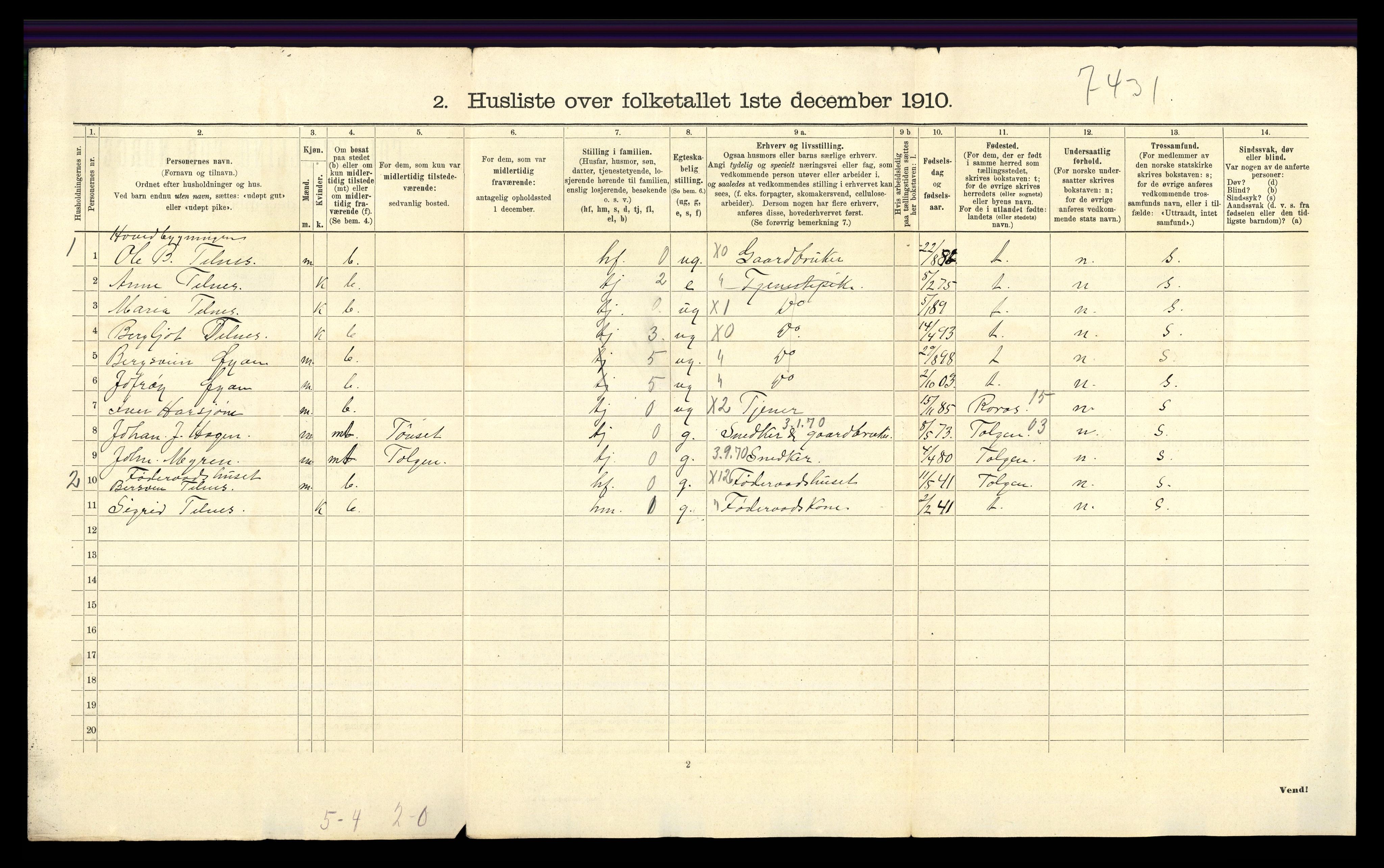 RA, 1910 census for Tynset, 1910, p. 656