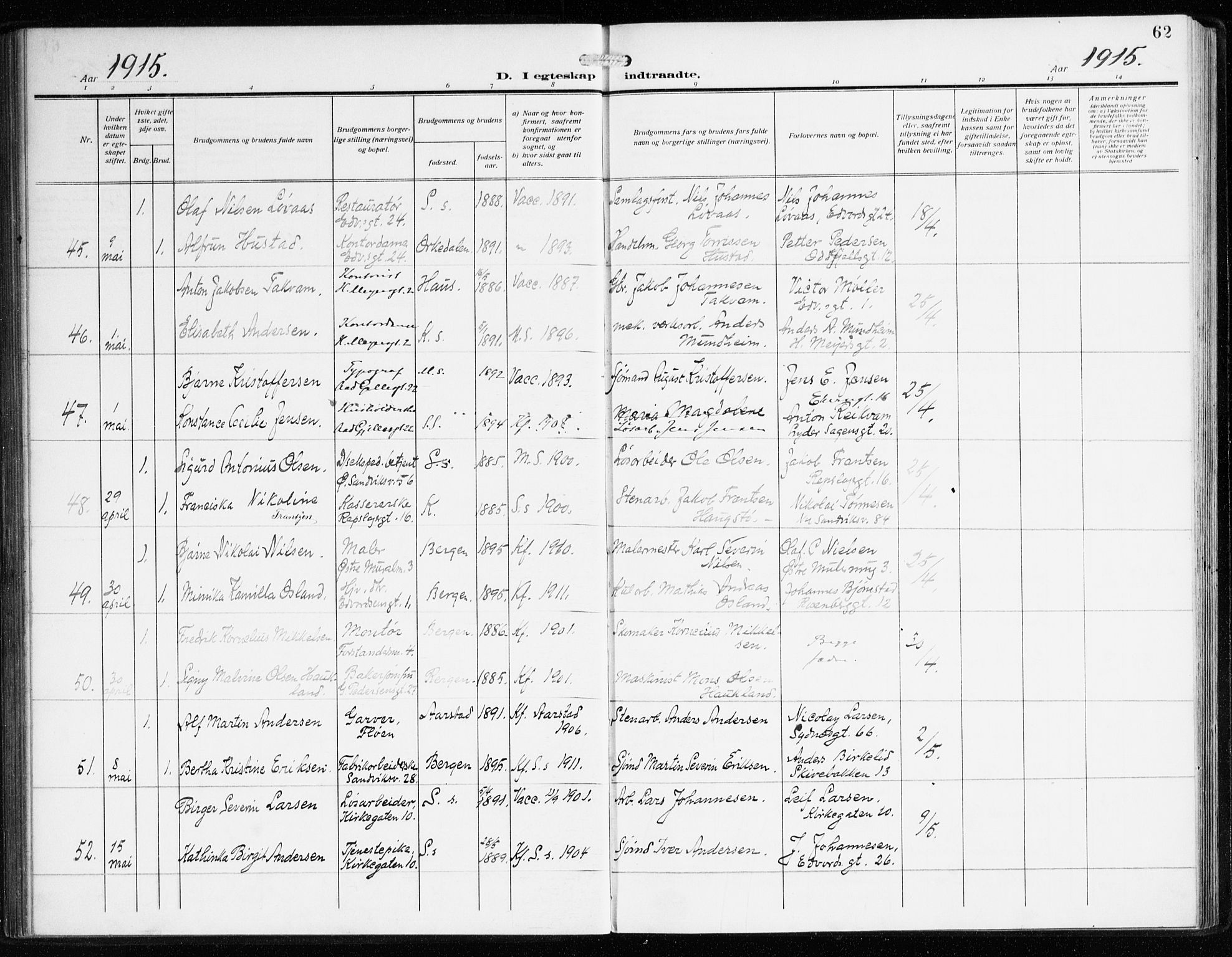 Sandviken Sokneprestembete, AV/SAB-A-77601/H/Ha/L0015: Parish register (official) no. D 2, 1911-1923, p. 62